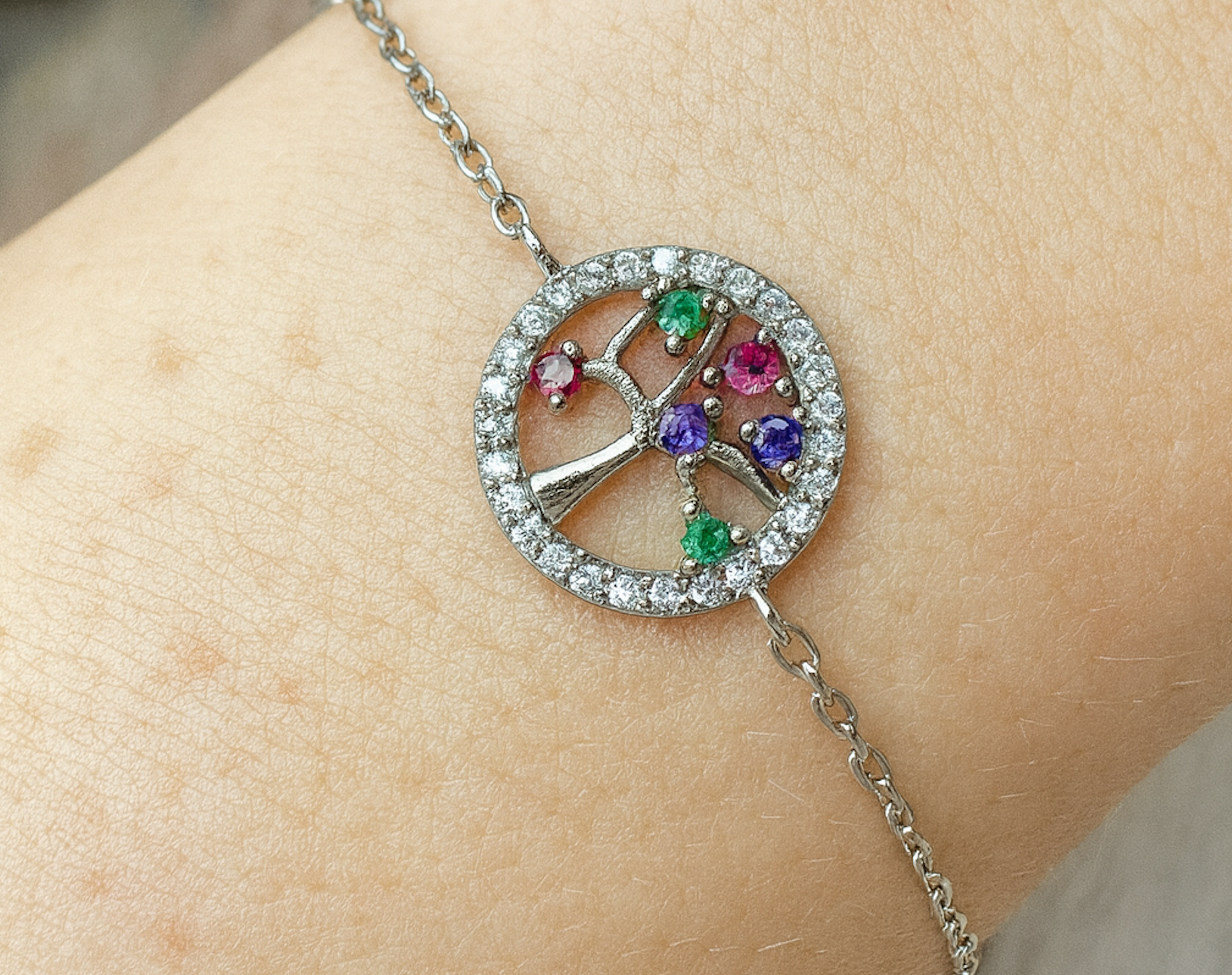 "Lebensbaum" Armband - 925 Sterling Silber - bunte Zirkonia - UNIKAT