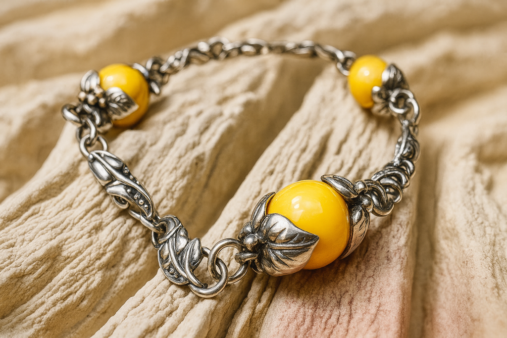 925er Sterling Silber Armband "Vintage" - Länge: 22 cm - Honigbernstein - UNIKAT