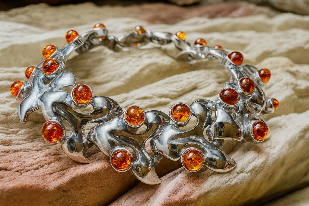 925er Sterling Silber Armband "Vintage" - Länge: 18,5 cm - Naturbernstein - UNIKAT