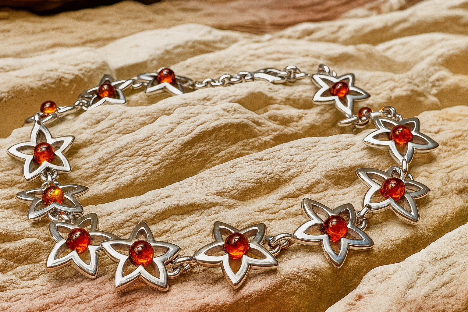 Blumen Bernstein-Armband - 925 Sterling Silber - 19,5 cm - UNIKAT