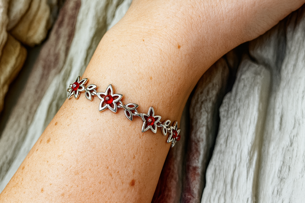 Flower-Power Bernstein Armband - 925 Sterling Silber - 18 cm - UNIKAT