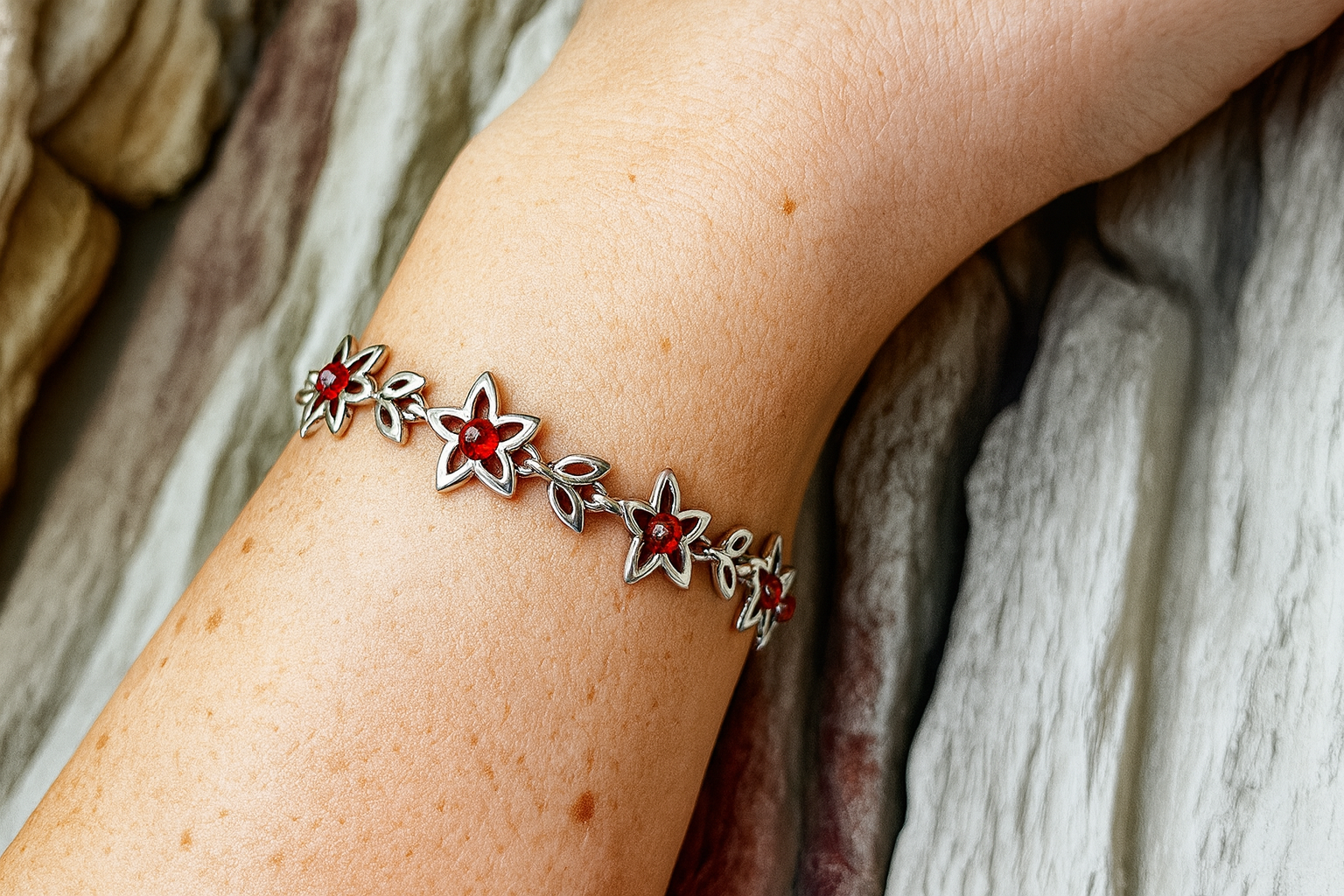 Flower-Power Bernstein Armband - 925 Sterling Silber - 18 cm - UNIKAT