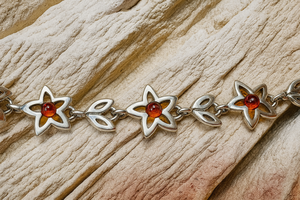 Flower-Power Bernstein Armband - 925 Sterling Silber - 18 cm - UNIKAT