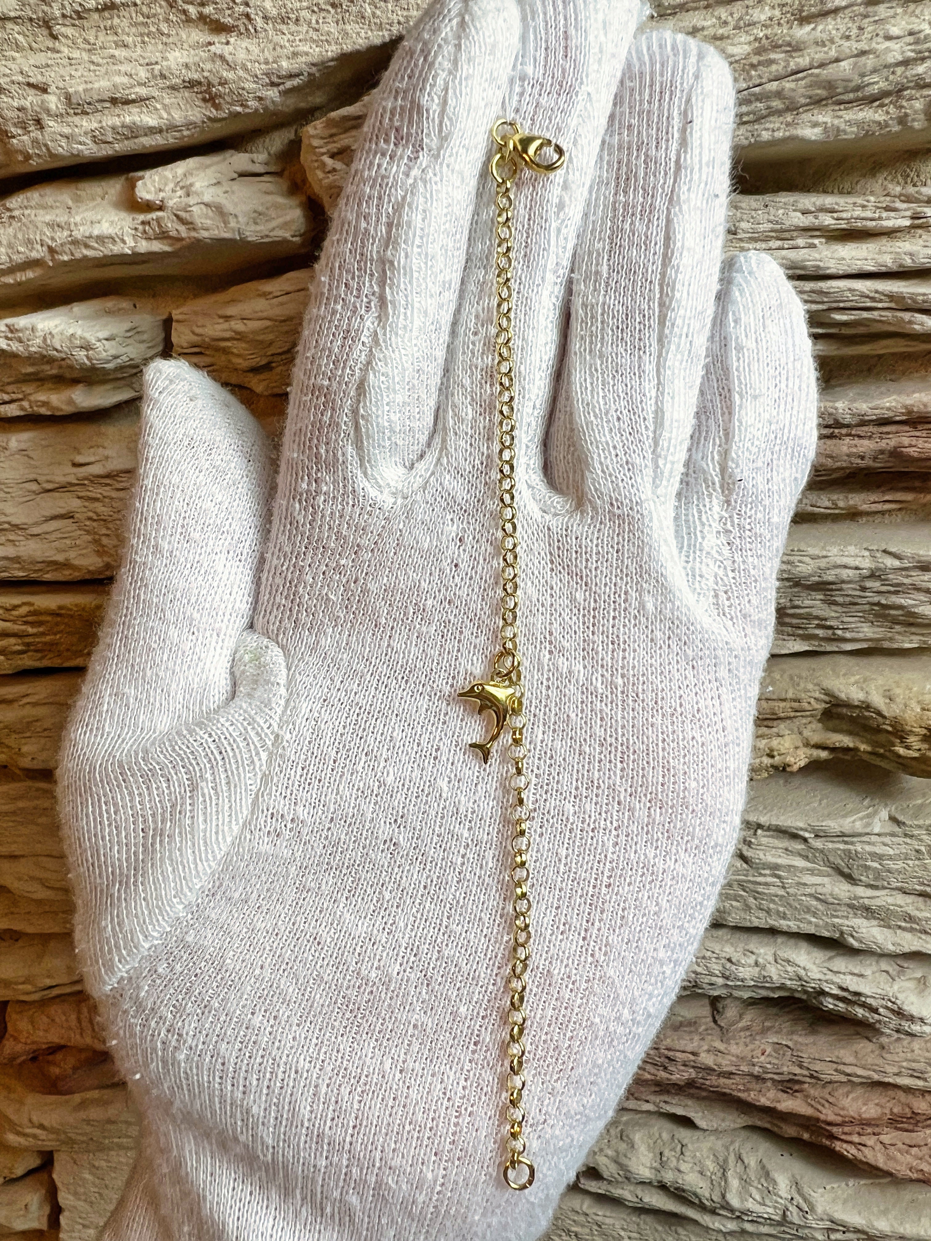 Feines Goldarmband aus 333er Gold - Damen/Kinder - Erbskette mit Delfin - 14 cm