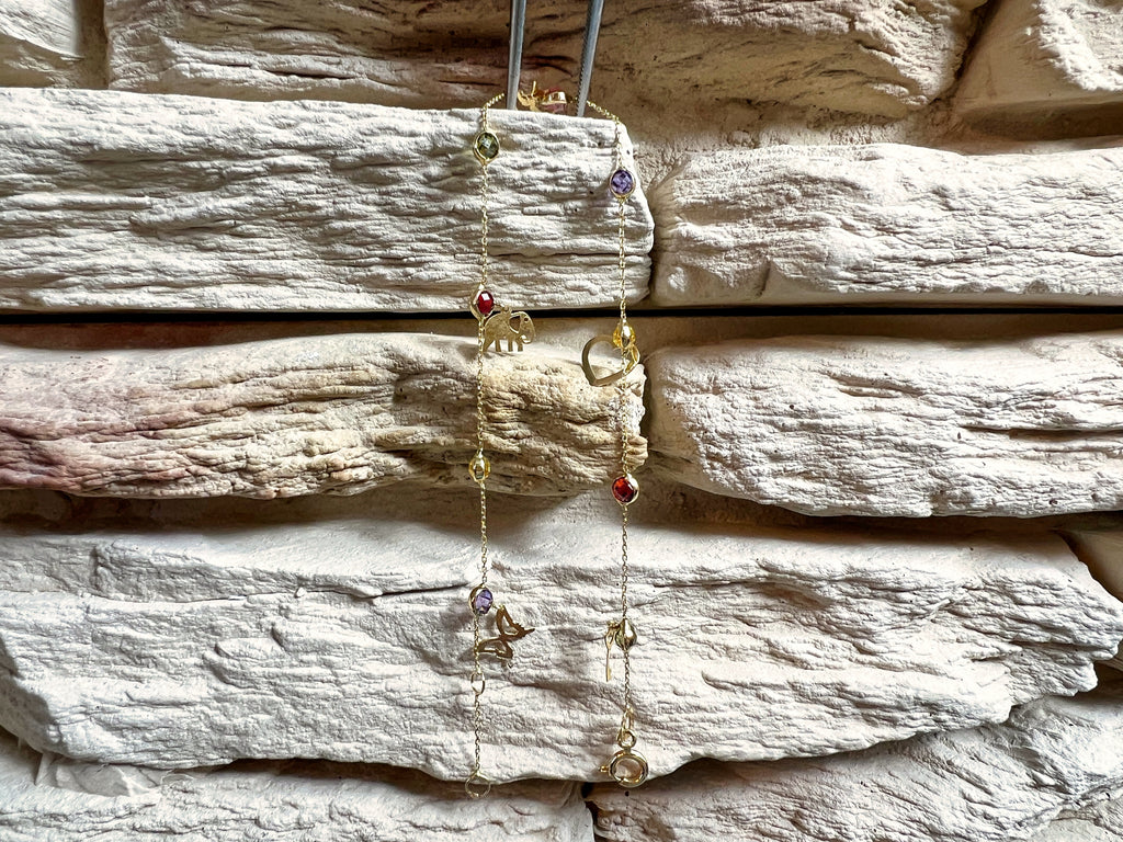 Feines Goldarmband aus 585er Gold - bunte Zirkonia-Anhänger - 17+18,5 cm