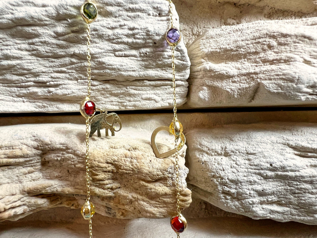 Feines Goldarmband aus 585er Gold - bunte Zirkonia-Anhänger - 17+18,5 cm