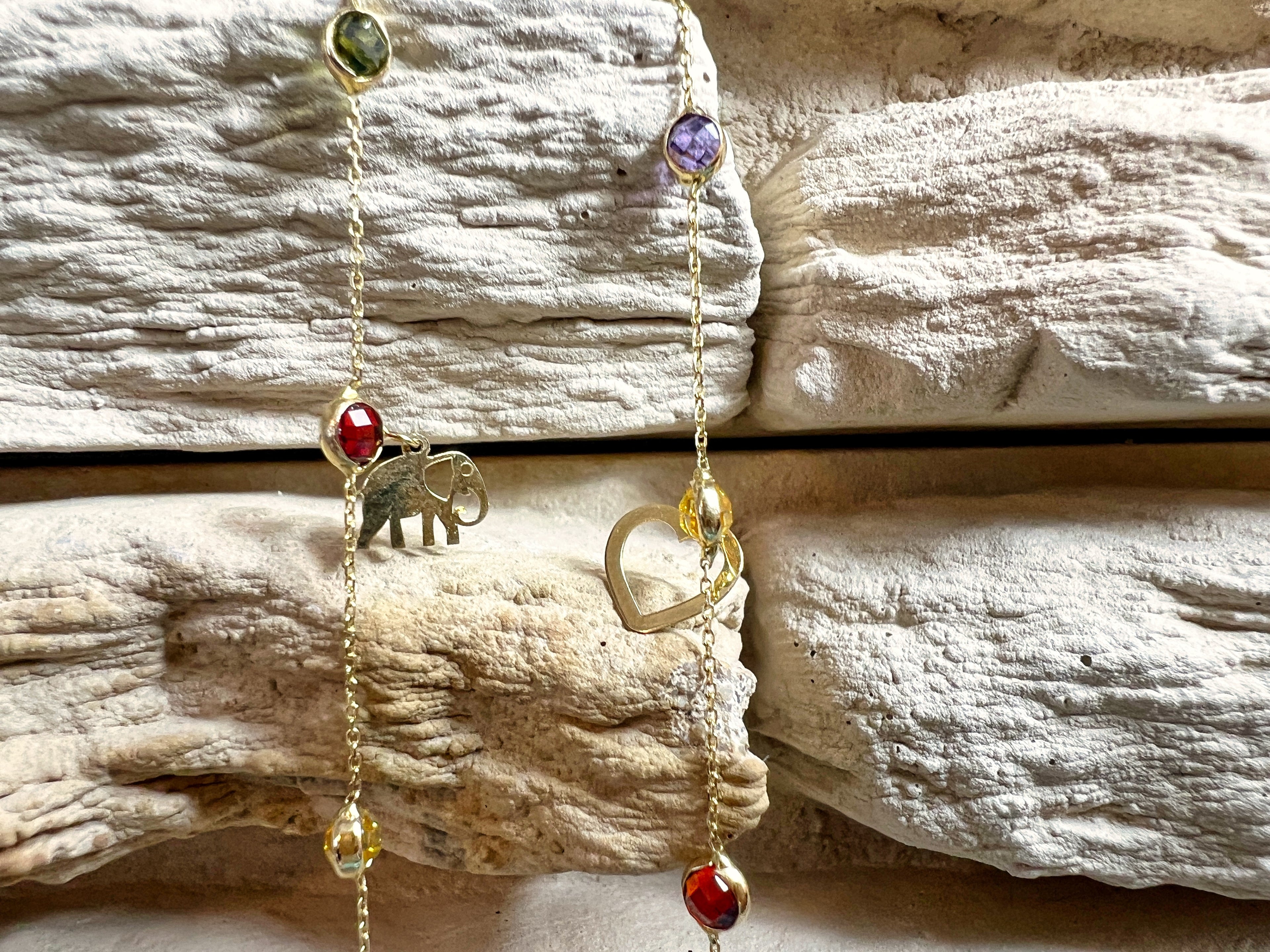 Feines Goldarmband aus 585er Gold - bunte Zirkonia-Anhänger - 17+18,5 cm