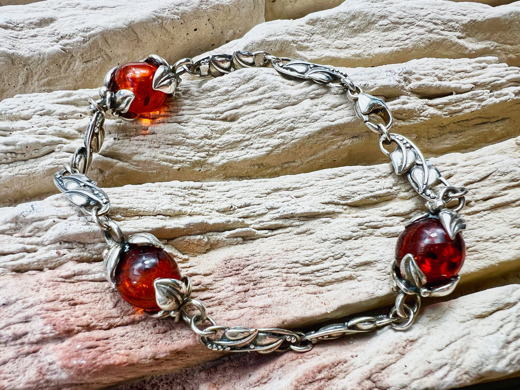 925er Sterling Silber Armband "Vintage" - geschwärzt - Länge: 21 cm - Bernstein - UNIKAT