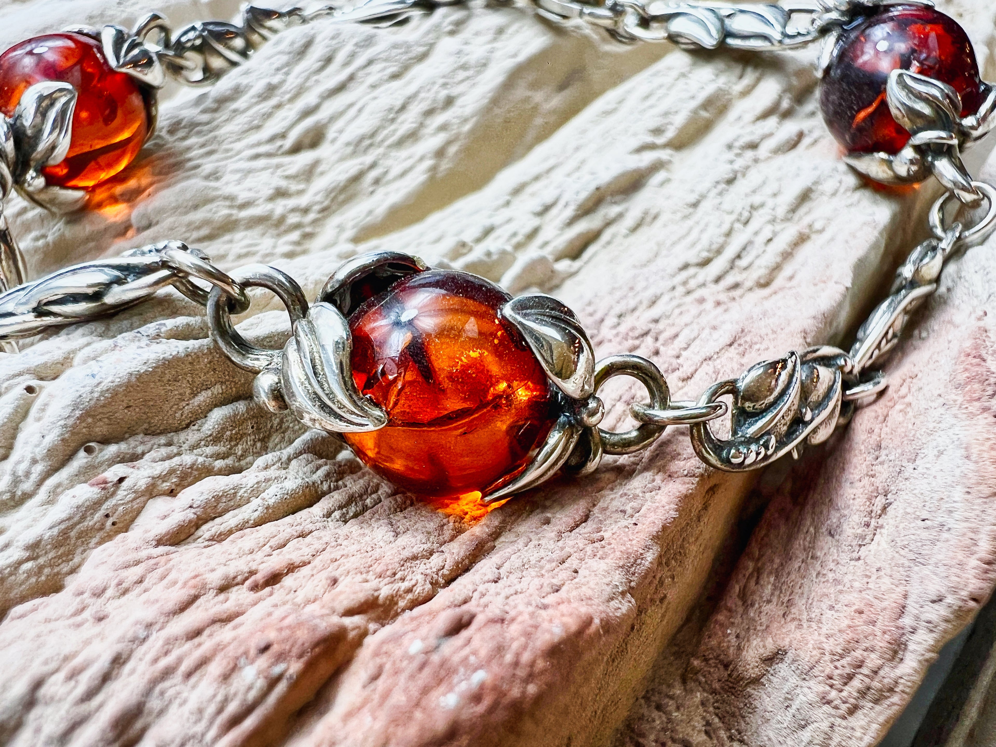 925er Sterling Silber Armband "Vintage" - geschwärzt - Länge: 21 cm - Bernstein - UNIKAT