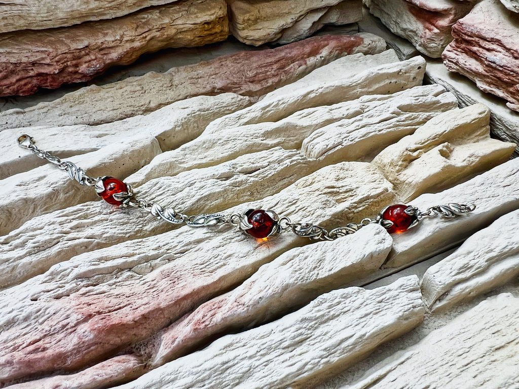 925er Sterling Silber Armband "Vintage" - geschwärzt - Länge: 21 cm - Bernstein - UNIKAT