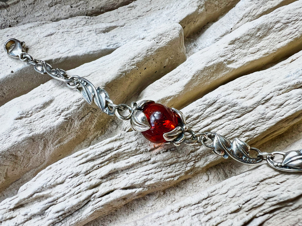 925er Sterling Silber Armband "Vintage" - geschwärzt - Länge: 21 cm - Bernstein - UNIKAT