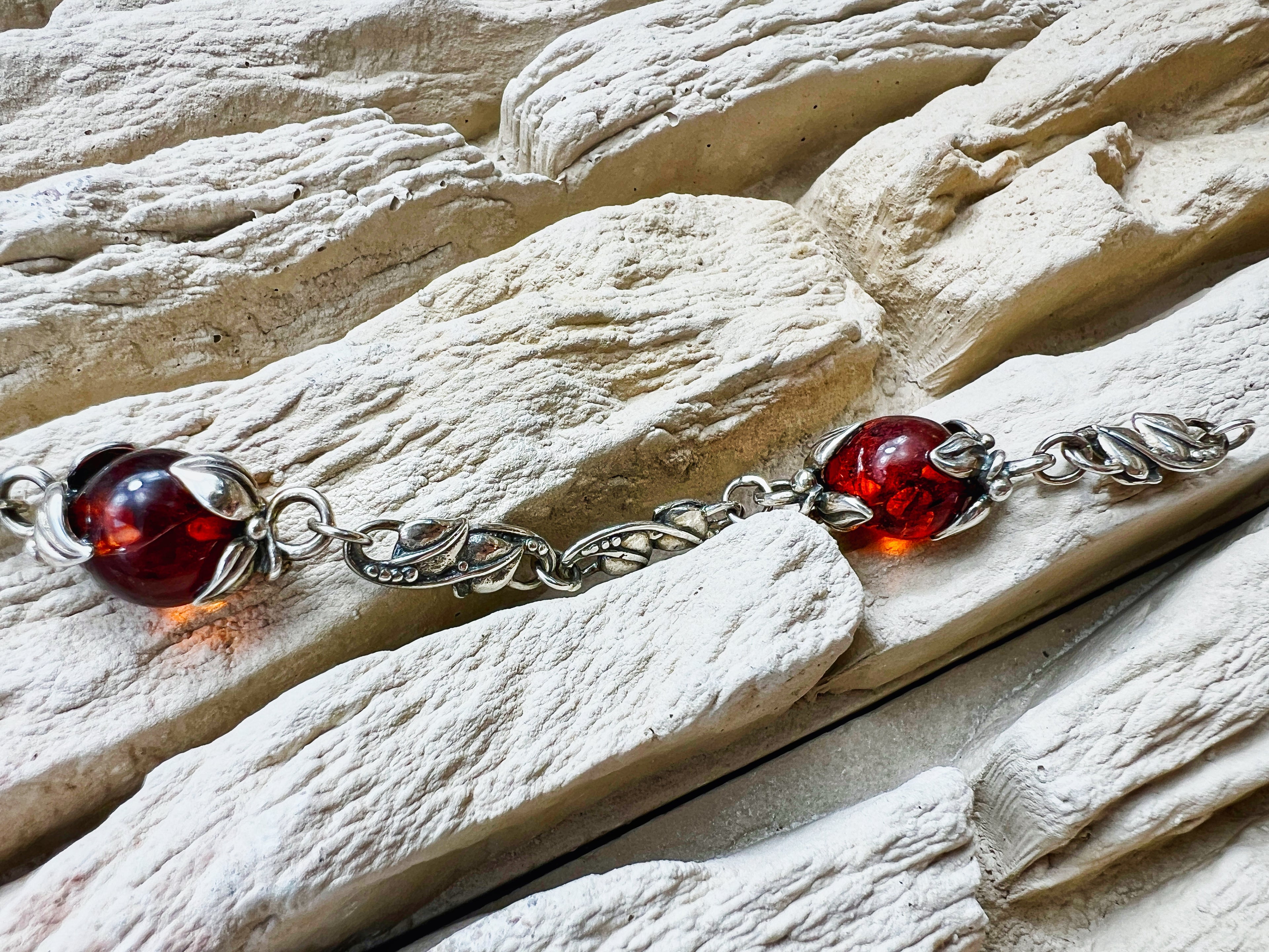 925er Sterling Silber Armband "Vintage" - geschwärzt - Länge: 21 cm - Bernstein - UNIKAT