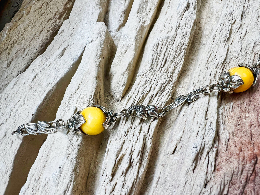 925er Sterling Silber Armband "Vintage" - Länge: 22 cm - Honigbernstein - UNIKAT