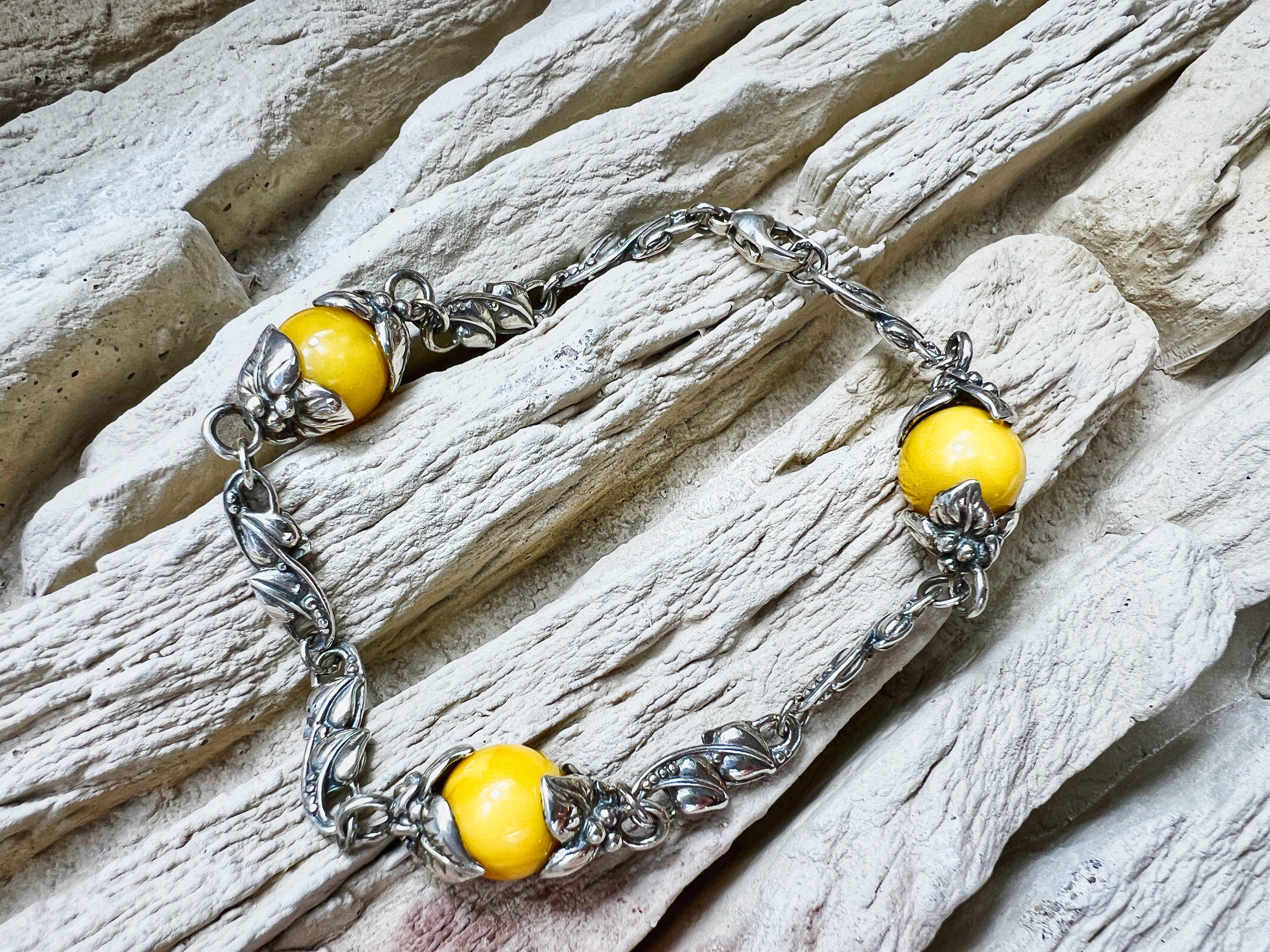 925er Sterling Silber Armband "Vintage" - Länge: 22 cm - Honigbernstein - UNIKAT