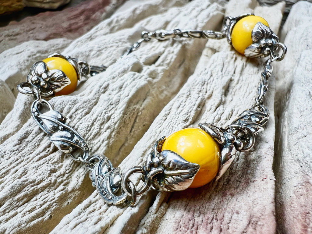 925er Sterling Silber Armband "Vintage" - Länge: 22 cm - Honigbernstein - UNIKAT