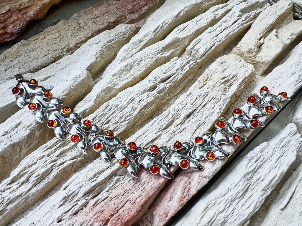 925er Sterling Silber Armband "Vintage" - Länge: 18,5 cm - Naturbernstein - UNIKAT