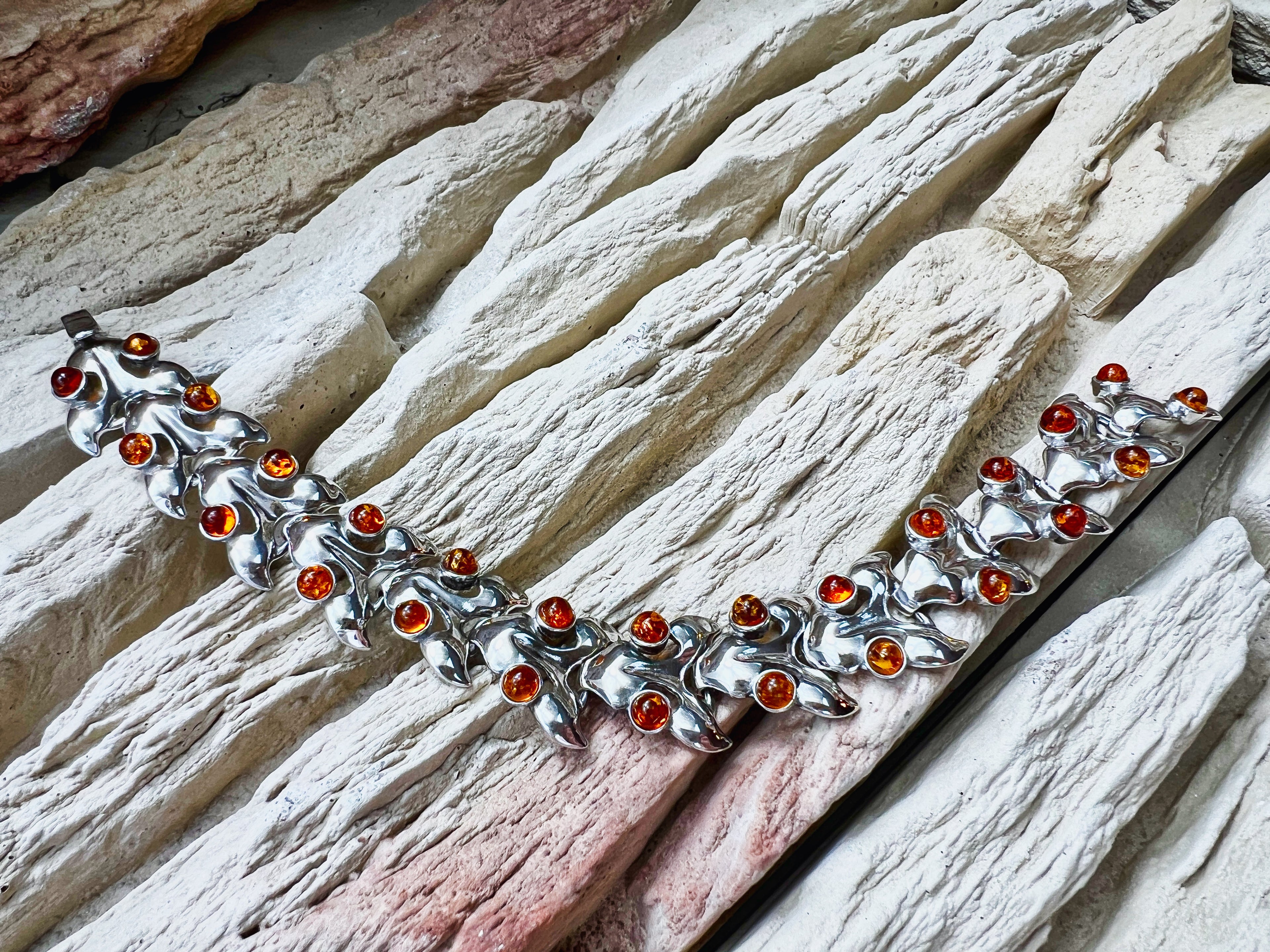 925er Sterling Silber Armband "Vintage" - Länge: 18,5 cm - Naturbernstein - UNIKAT