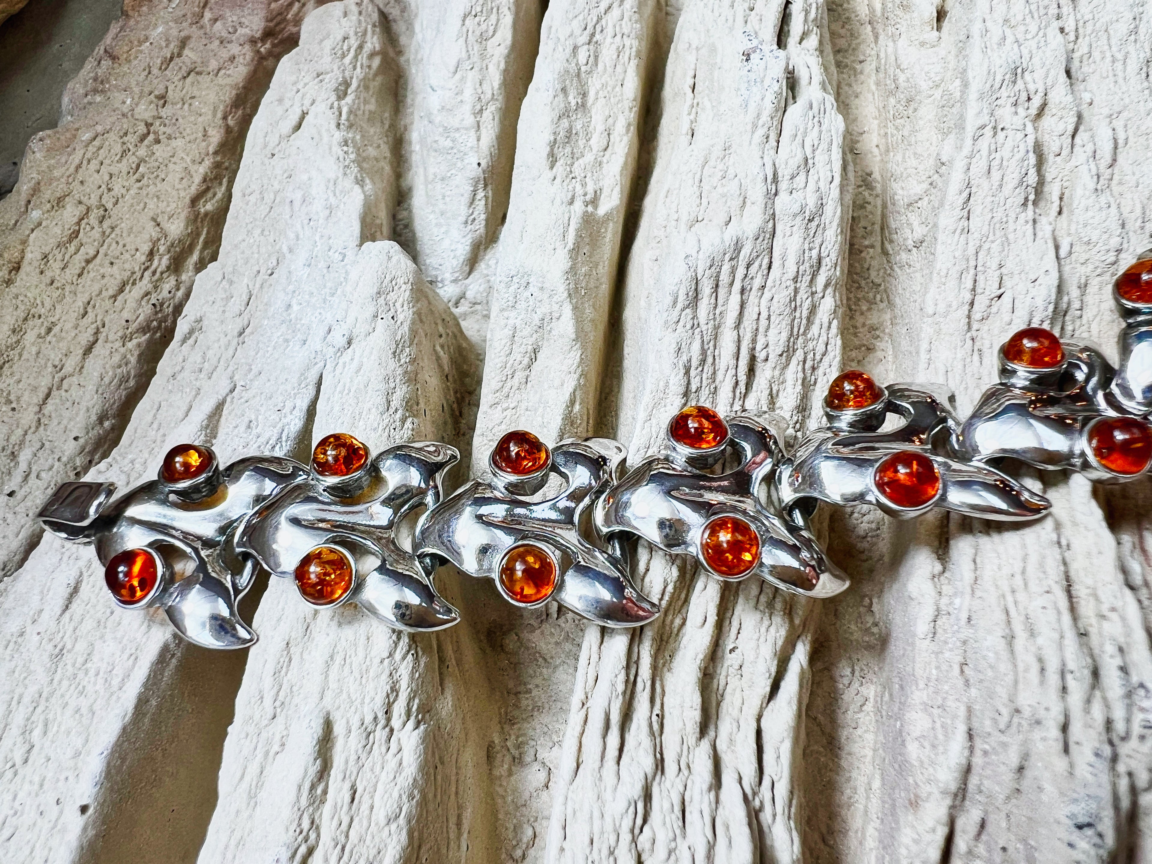 925er Sterling Silber Armband "Vintage" - Länge: 18,5 cm - Naturbernstein - UNIKAT