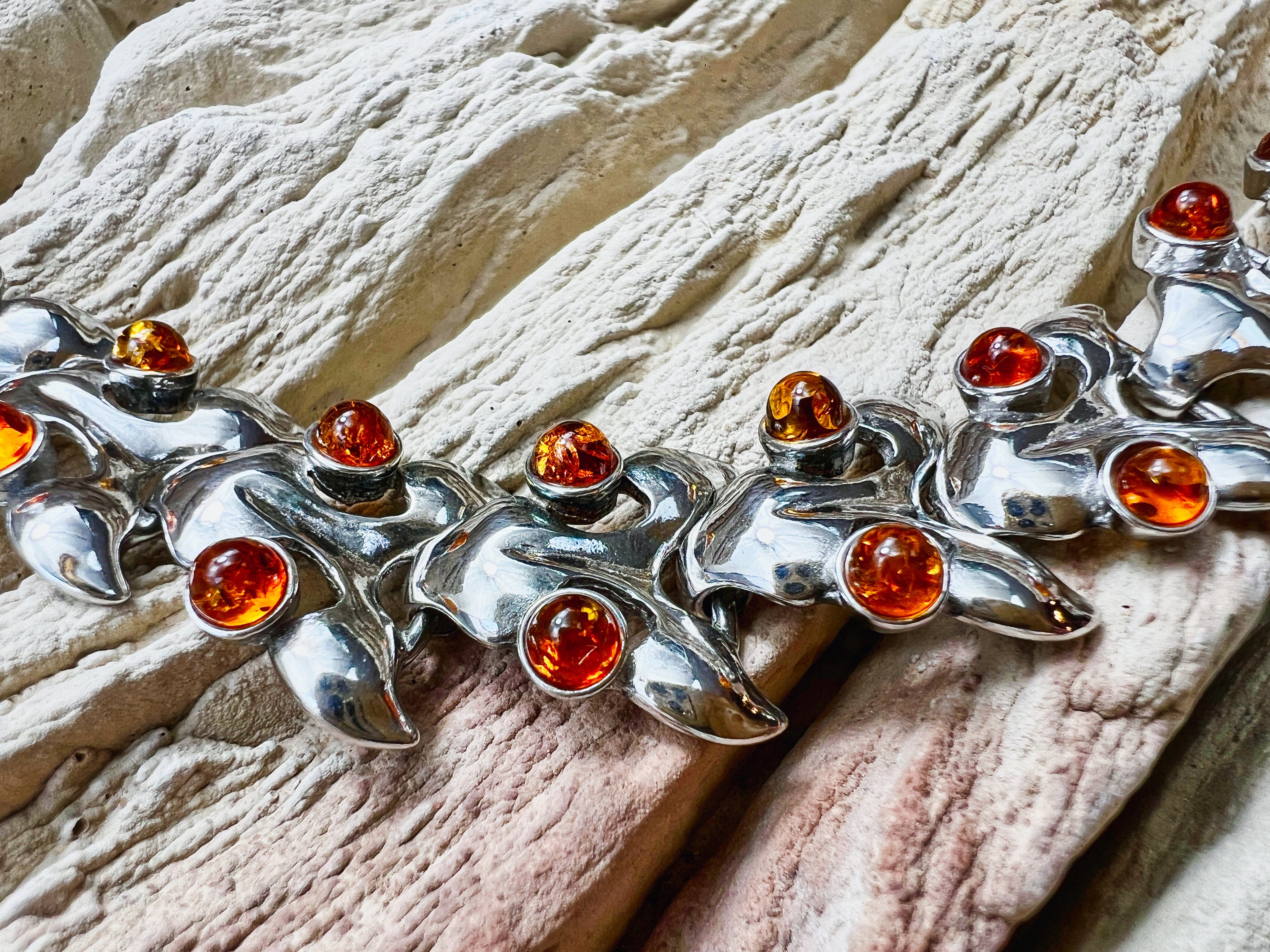 925er Sterling Silber Armband "Vintage" - Länge: 18,5 cm - Naturbernstein - UNIKAT