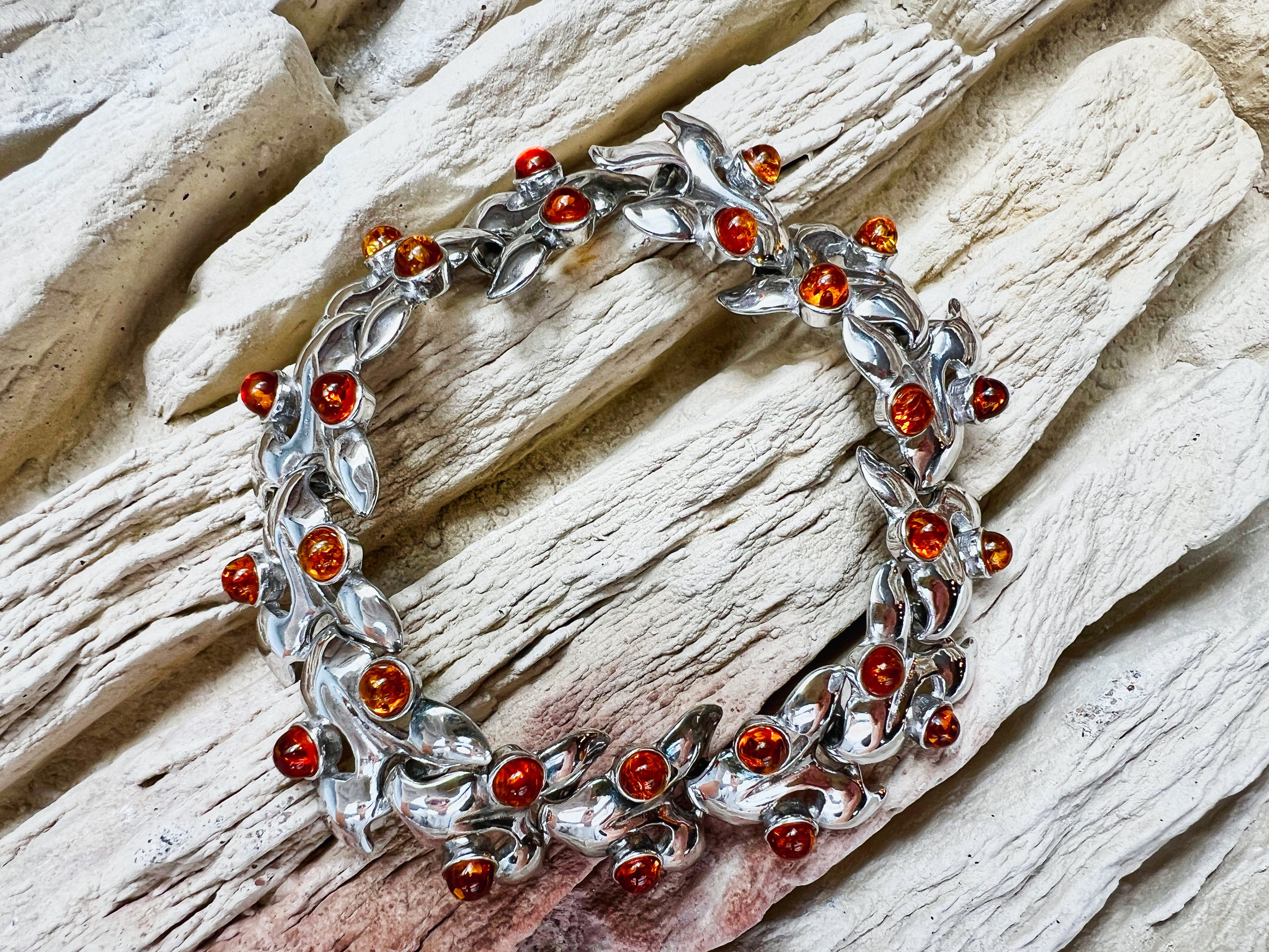 925er Sterling Silber Armband "Vintage" - Länge: 18,5 cm - Naturbernstein - UNIKAT