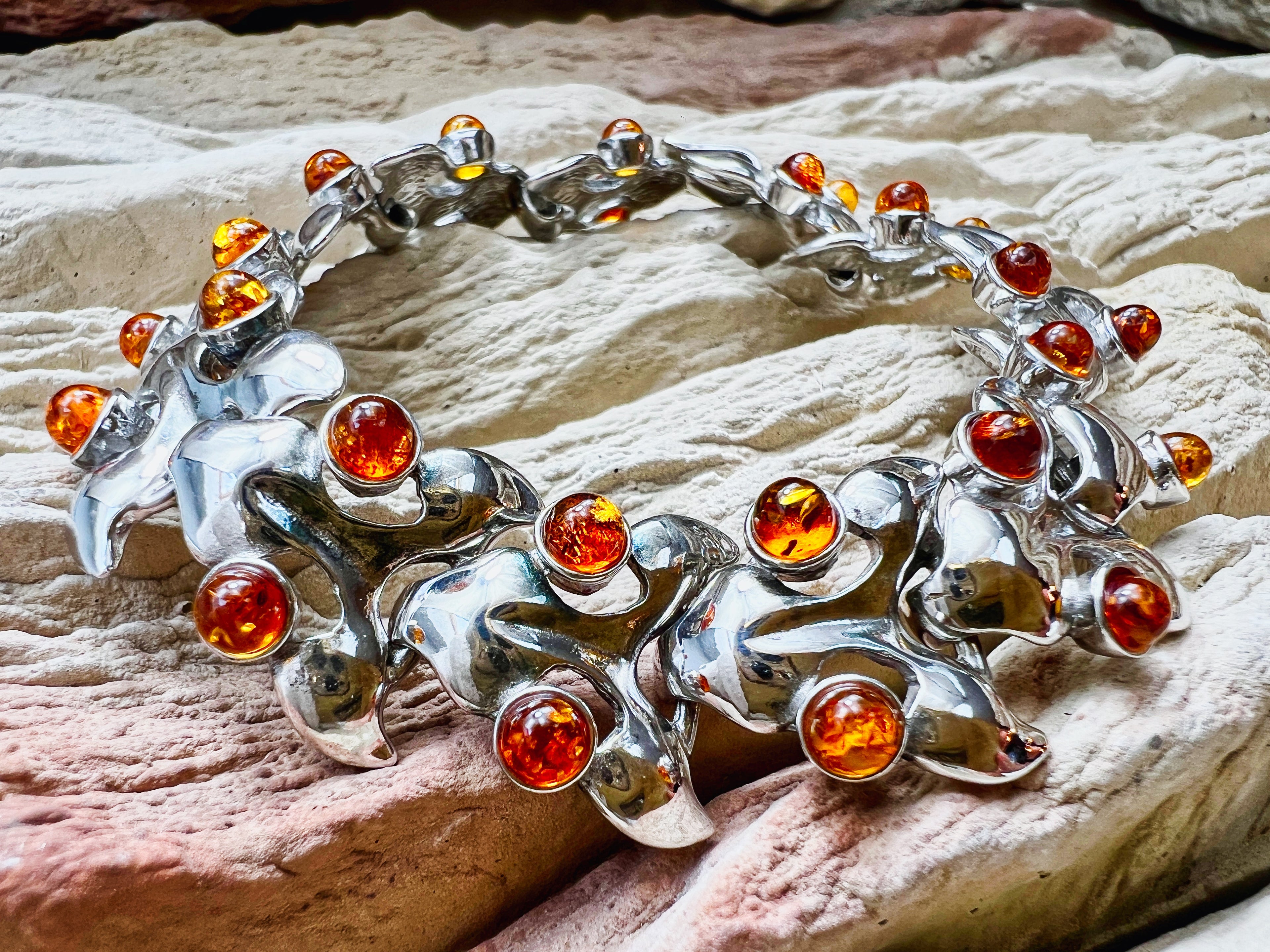 925er Sterling Silber Armband "Vintage" - Länge: 18,5 cm - Naturbernstein - UNIKAT