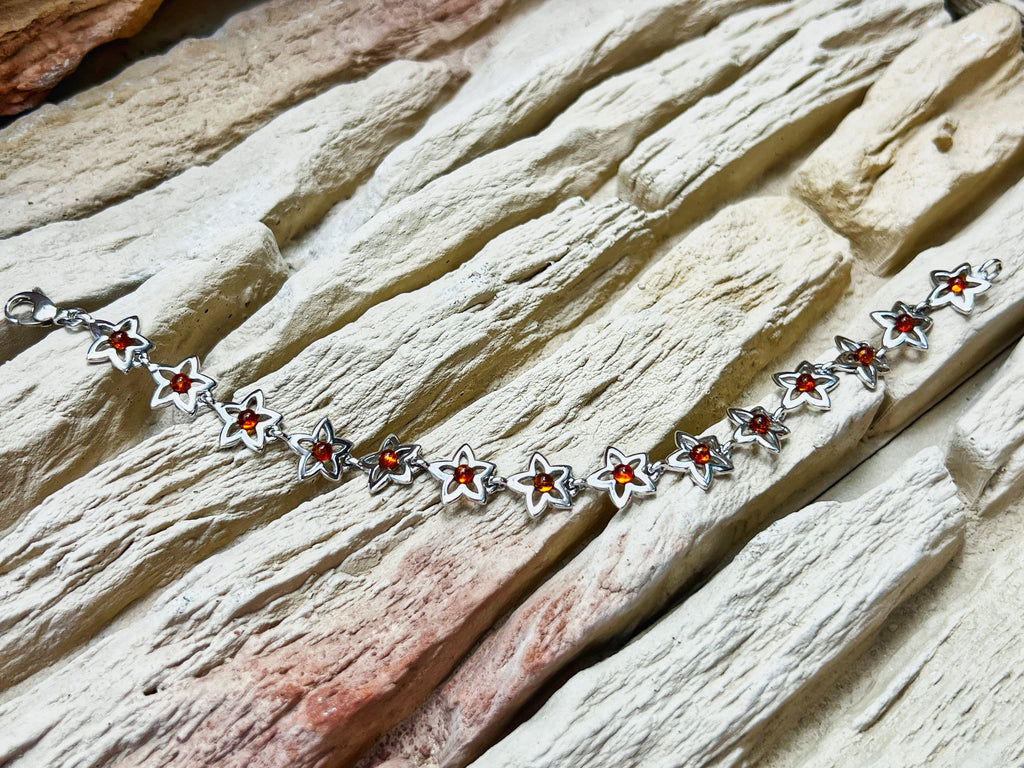 Blumen Bernstein-Armband - 925 Sterling Silber - 19,5 cm - UNIKAT