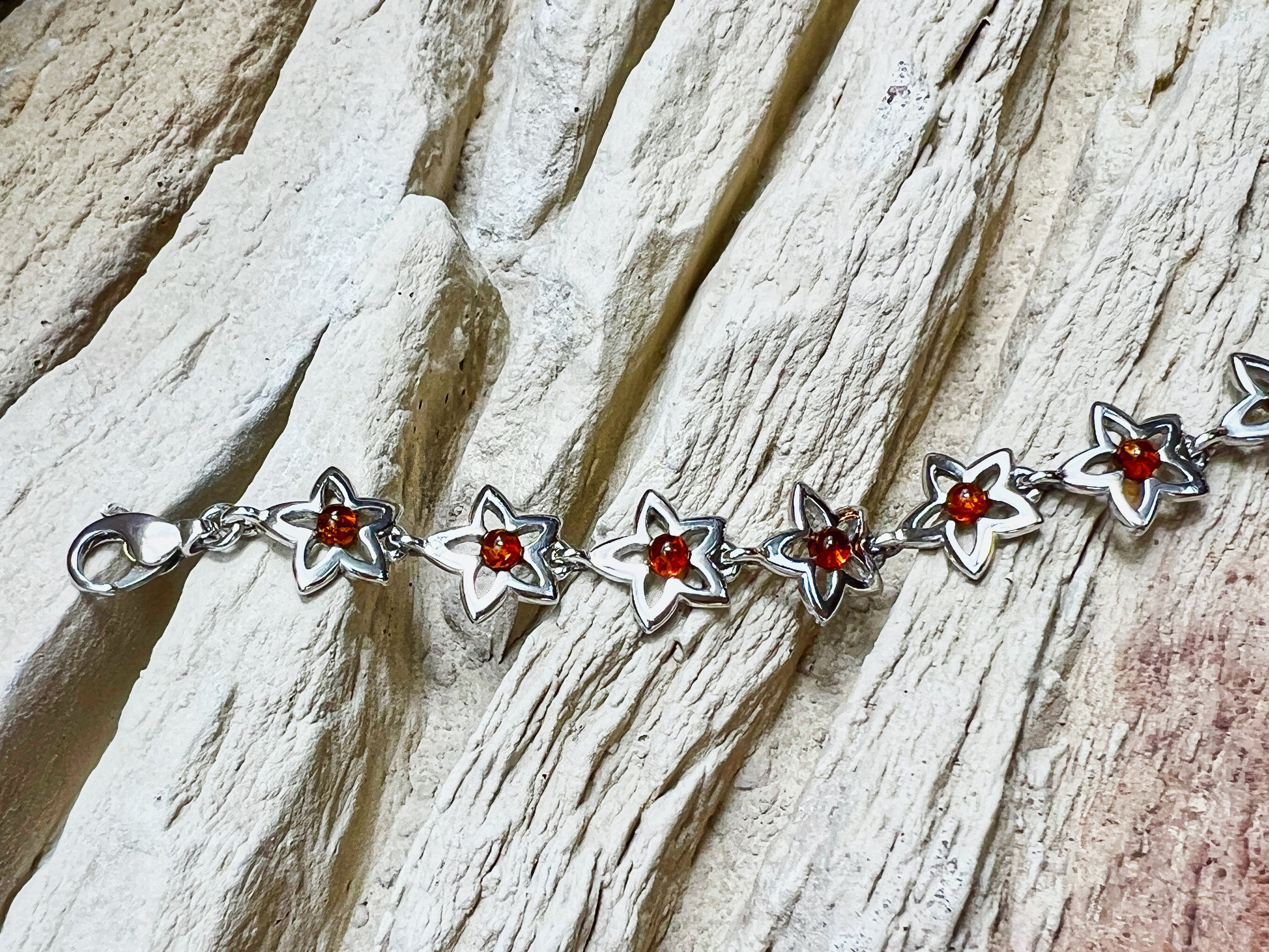 Blumen Bernstein-Armband - 925 Sterling Silber - 19,5 cm - UNIKAT