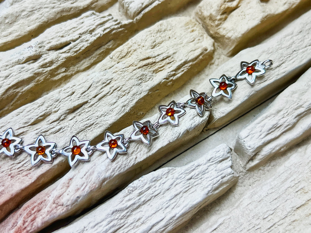 Blumen Bernstein-Armband - 925 Sterling Silber - 19,5 cm - UNIKAT