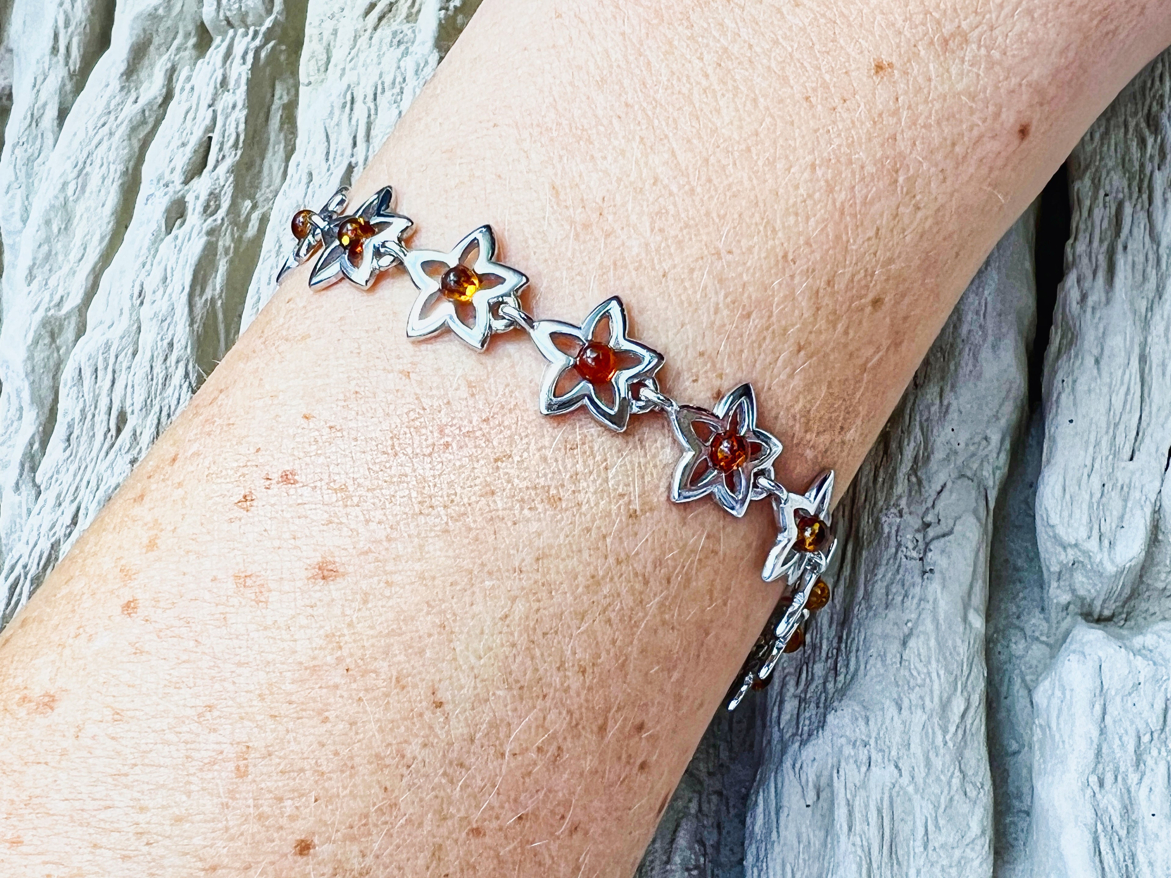 Blumen Bernstein-Armband - 925 Sterling Silber - 19,5 cm - UNIKAT