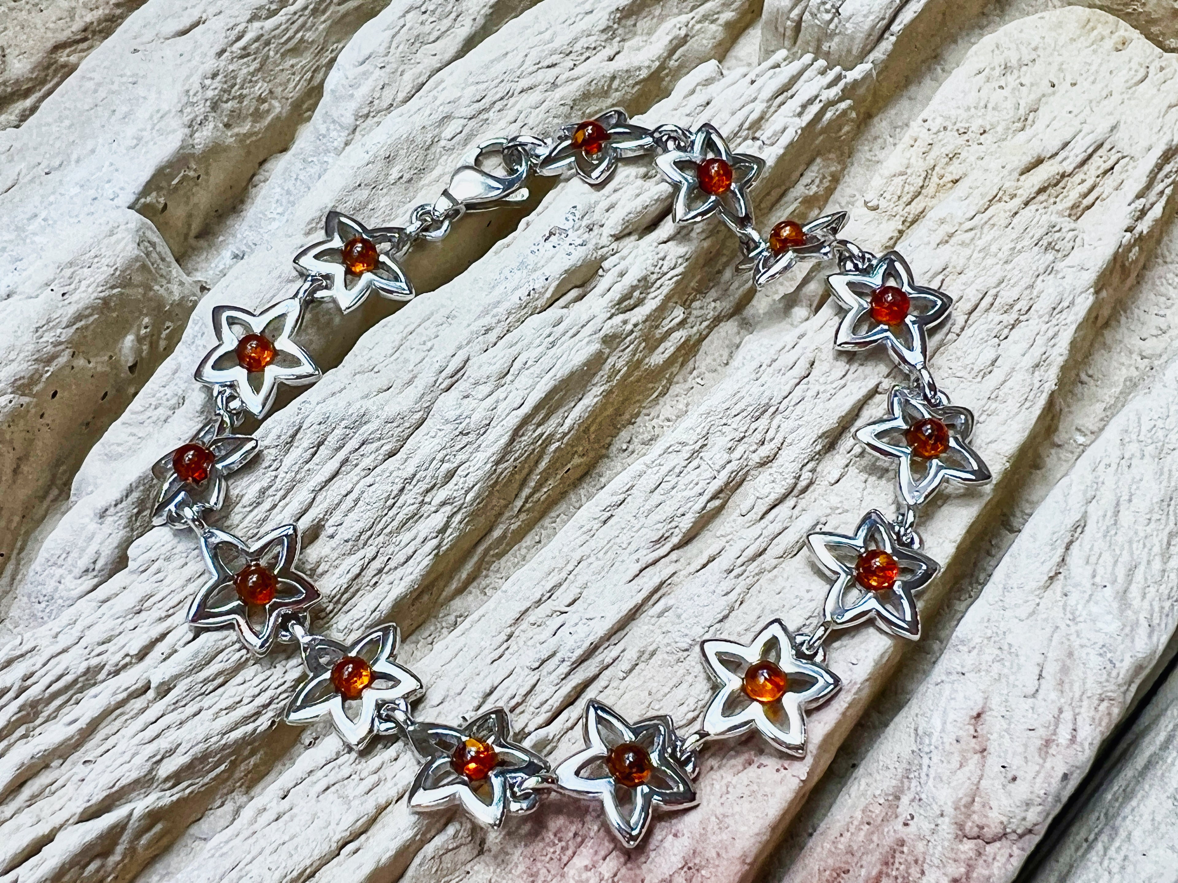 Blumen Bernstein-Armband - 925 Sterling Silber - 19,5 cm - UNIKAT