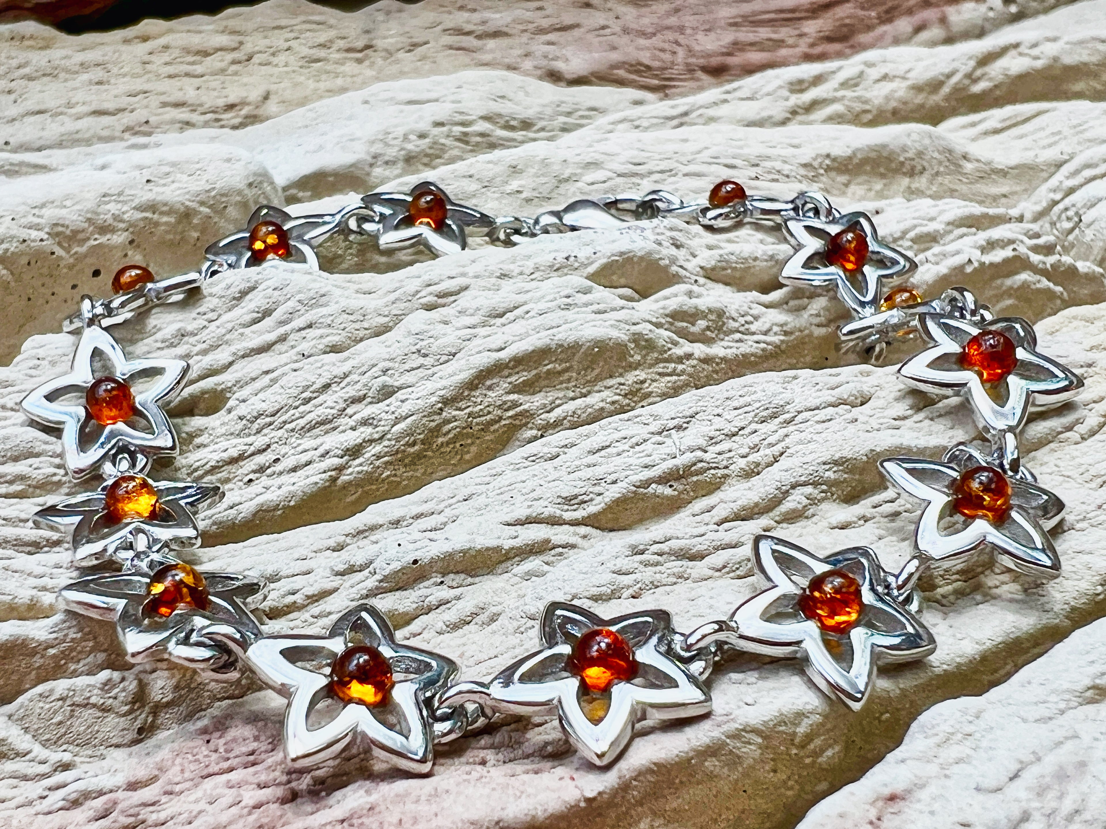 Blumen Bernstein-Armband - 925 Sterling Silber - 19,5 cm - UNIKAT