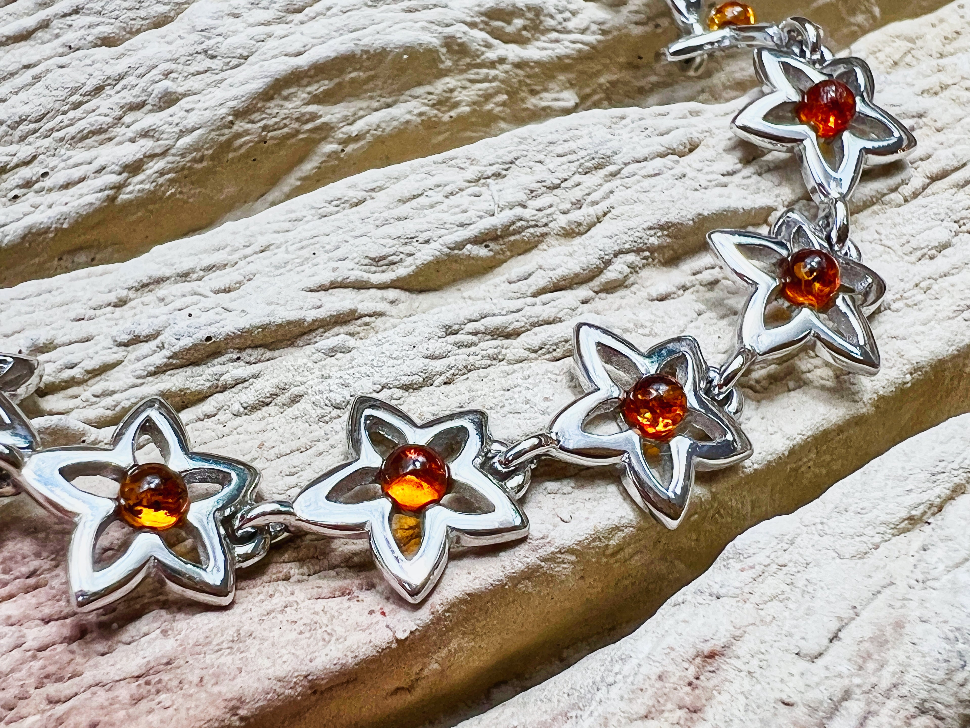 Blumen Bernstein-Armband - 925 Sterling Silber - 19,5 cm - UNIKAT