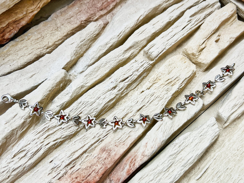 Flower-Power Bernstein Armband - 925 Sterling Silber - 18 cm - UNIKAT