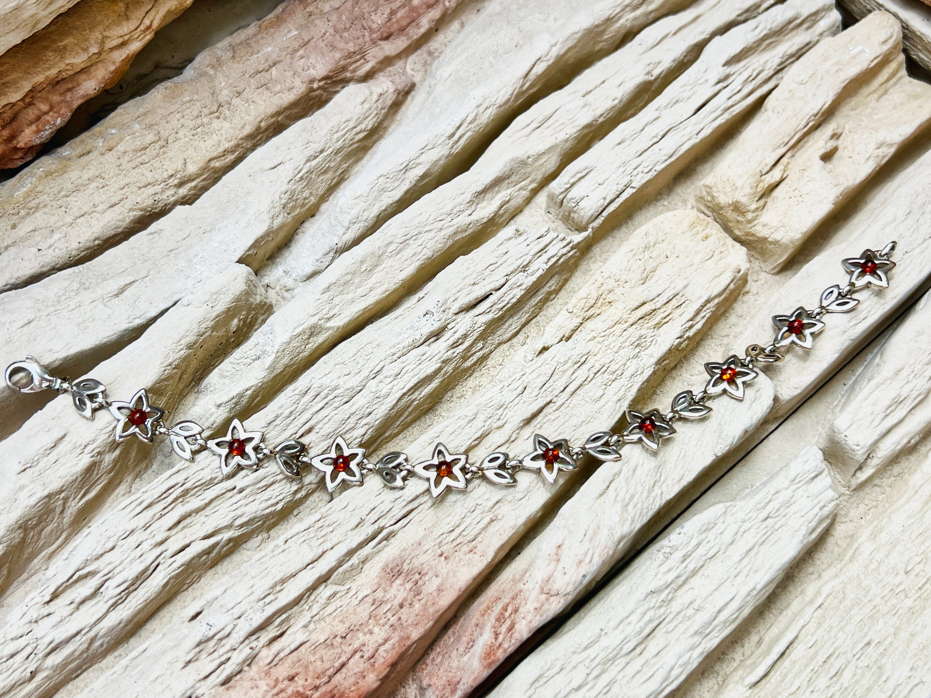 Flower-Power Bernstein Armband - 925 Sterling Silber - 18 cm - UNIKAT