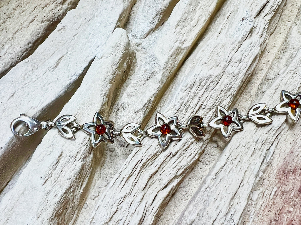 Flower-Power Bernstein Armband - 925 Sterling Silber - 18 cm - UNIKAT