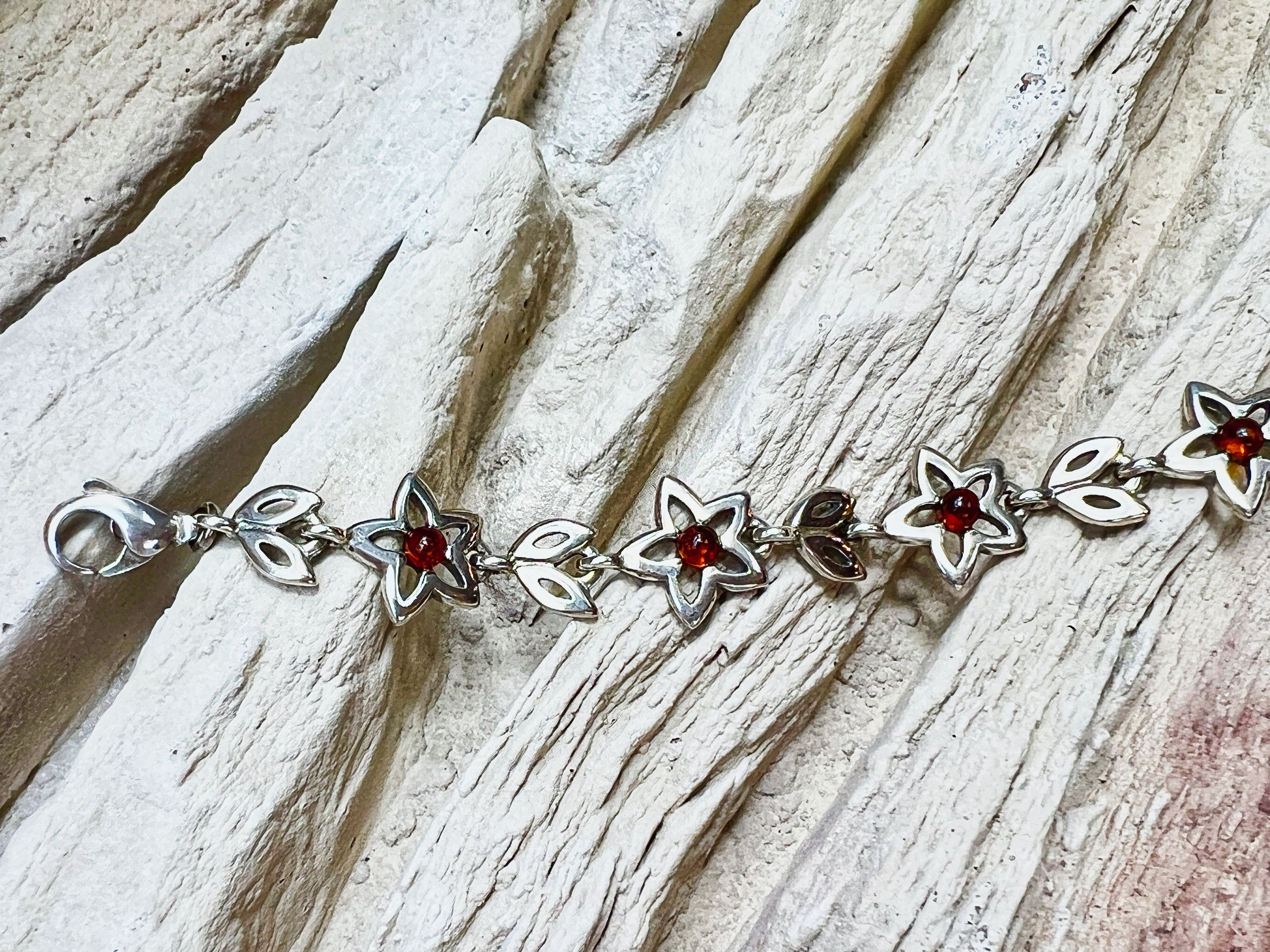 Flower-Power Bernstein Armband - 925 Sterling Silber - 18 cm - UNIKAT