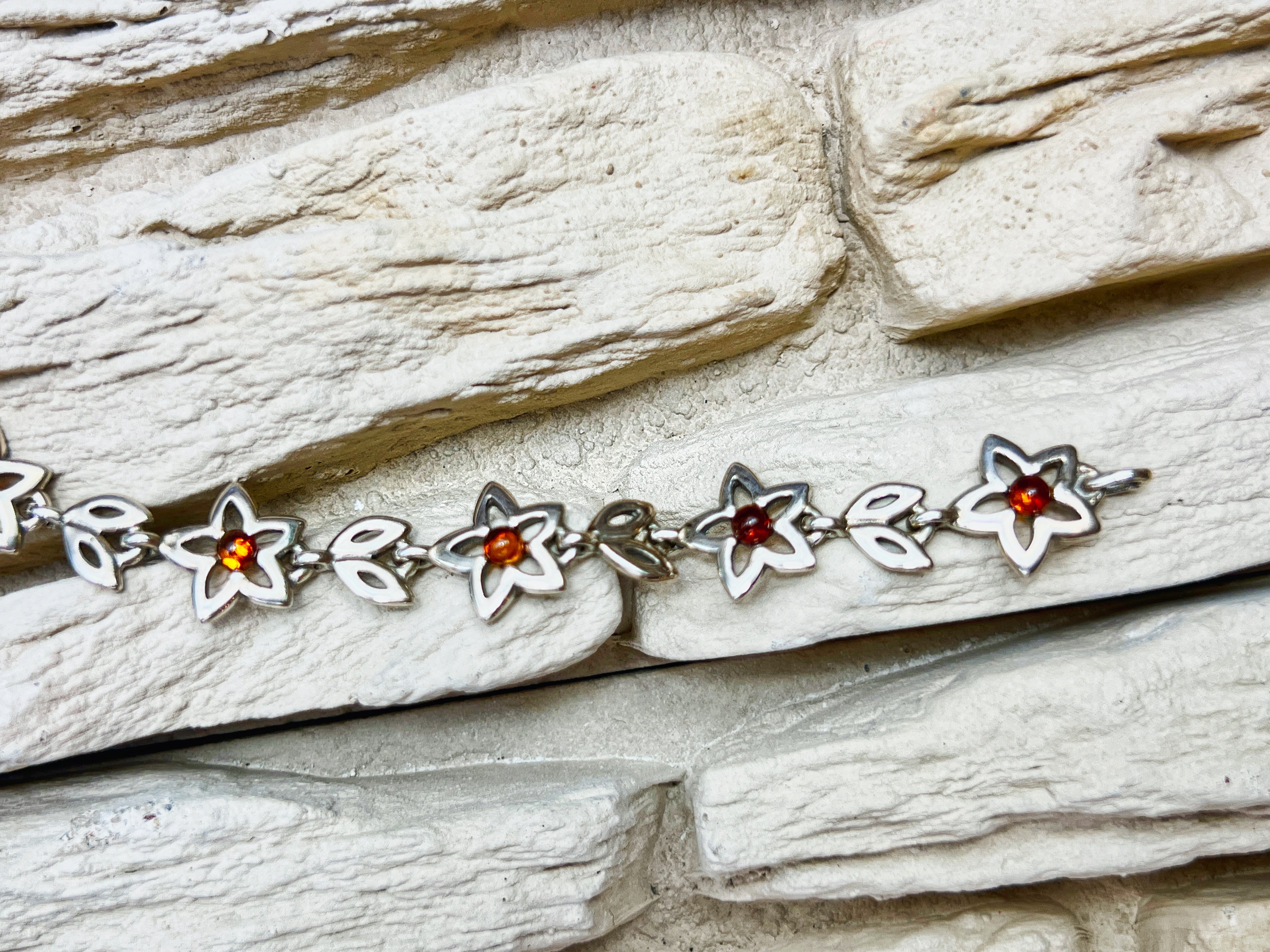 Flower-Power Bernstein Armband - 925 Sterling Silber - 18 cm - UNIKAT