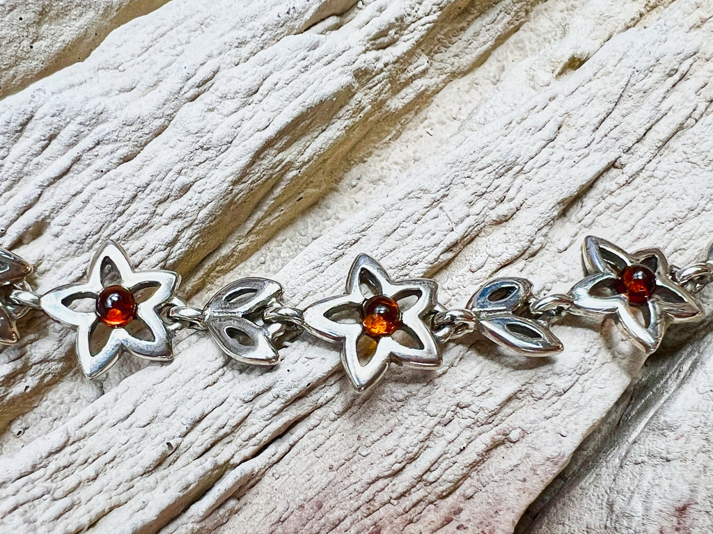 Flower-Power Bernstein Armband - 925 Sterling Silber - 18 cm - UNIKAT