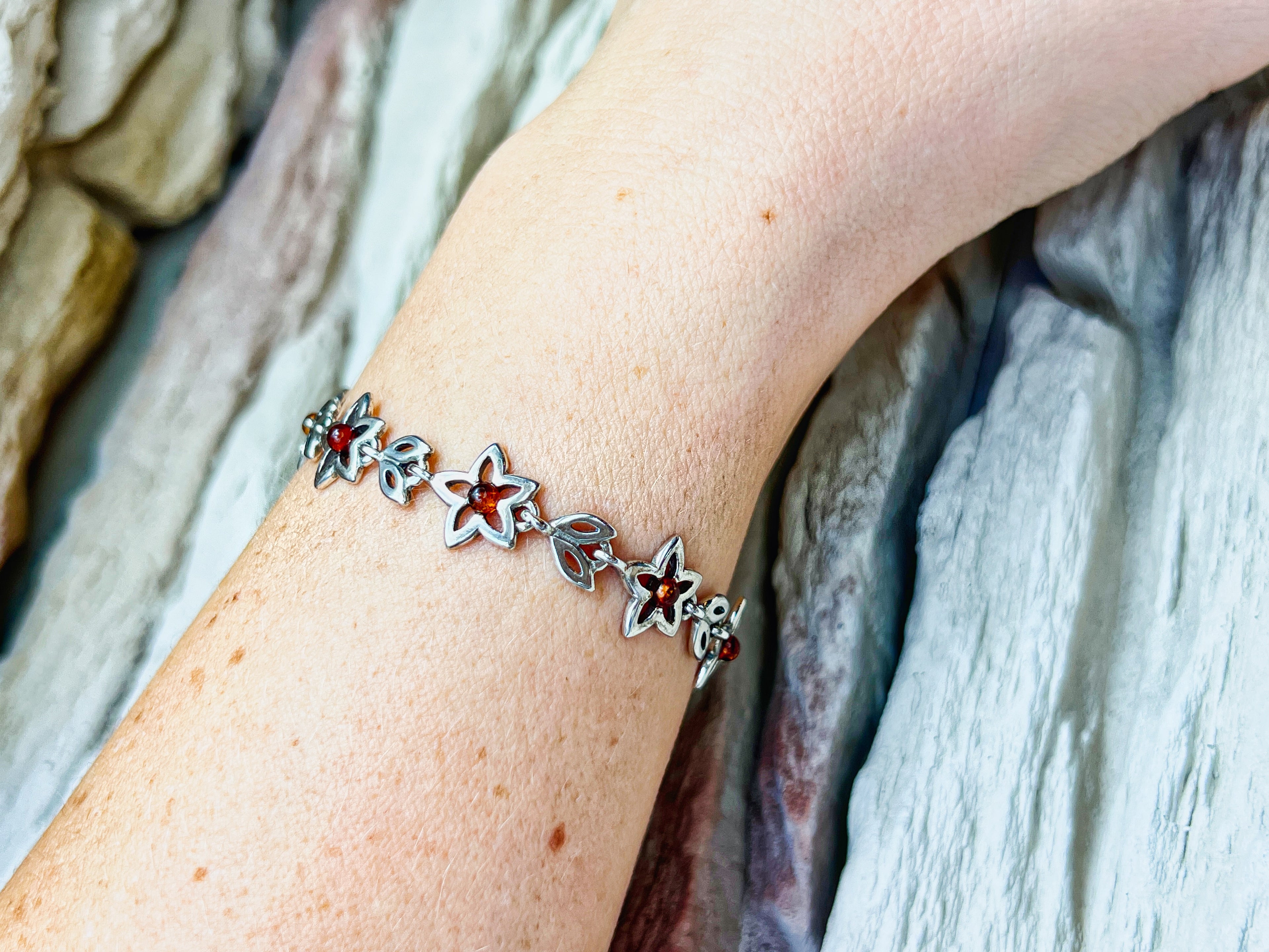 Flower-Power Bernstein Armband - 925 Sterling Silber - 18 cm - UNIKAT