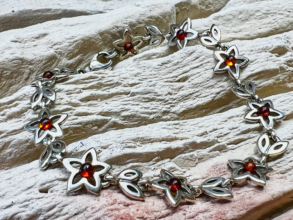 Flower-Power Bernstein Armband - 925 Sterling Silber - 18 cm - UNIKAT