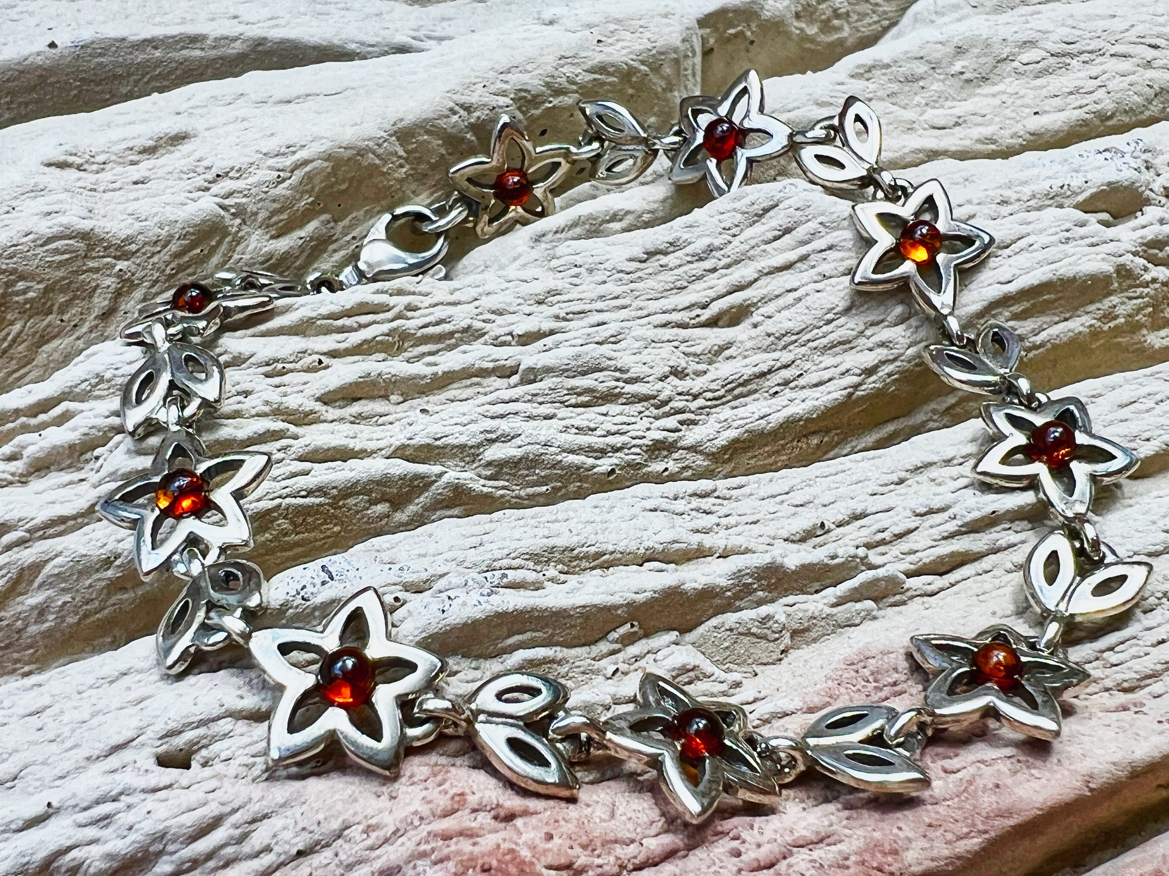 Flower-Power Bernstein Armband - 925 Sterling Silber - 18 cm - UNIKAT