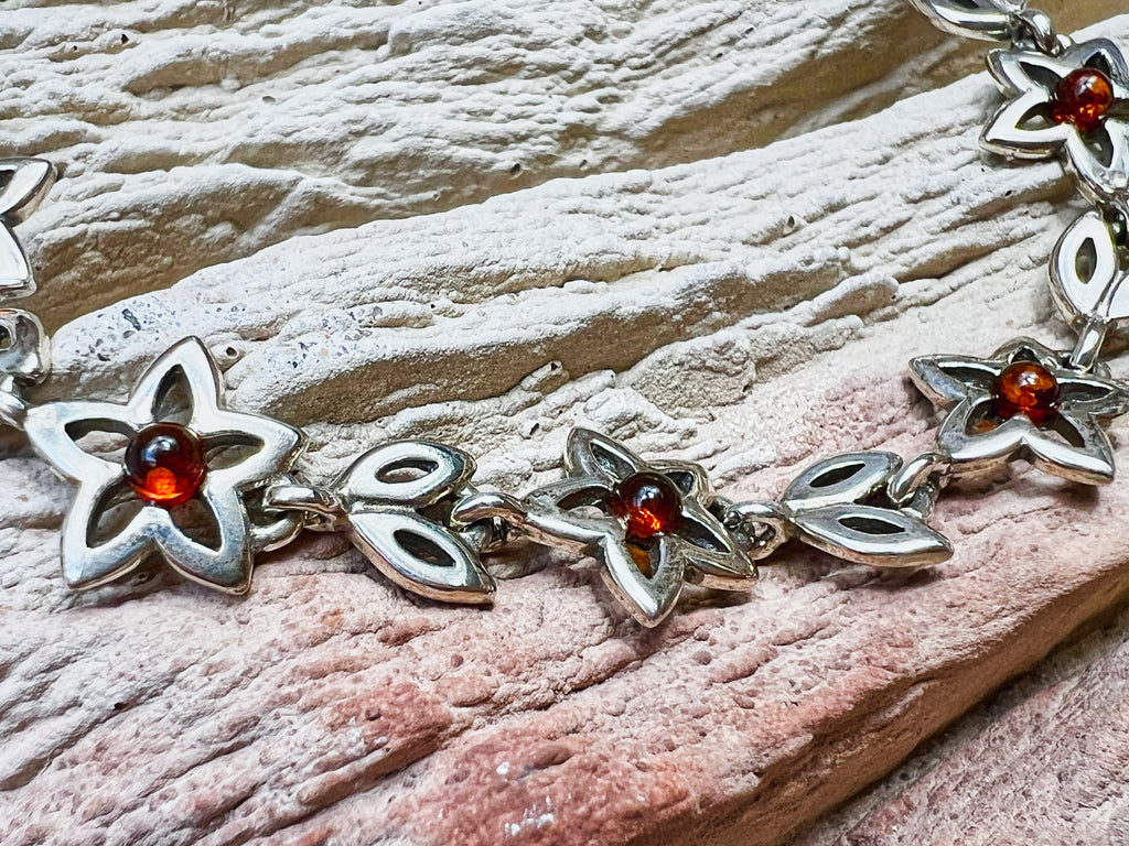 Flower-Power Bernstein Armband - 925 Sterling Silber - 18 cm - UNIKAT