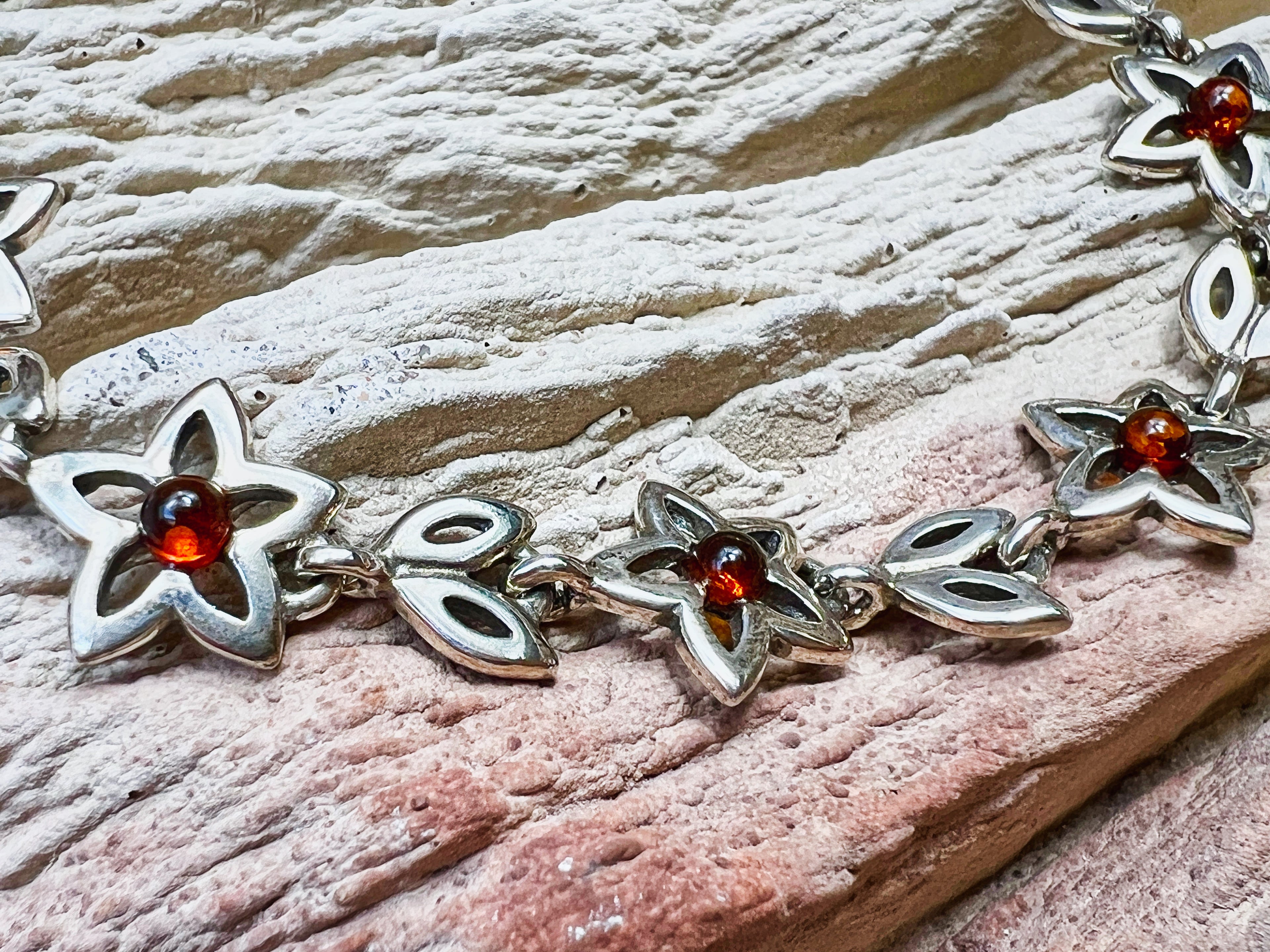 Flower-Power Bernstein Armband - 925 Sterling Silber - 18 cm - UNIKAT