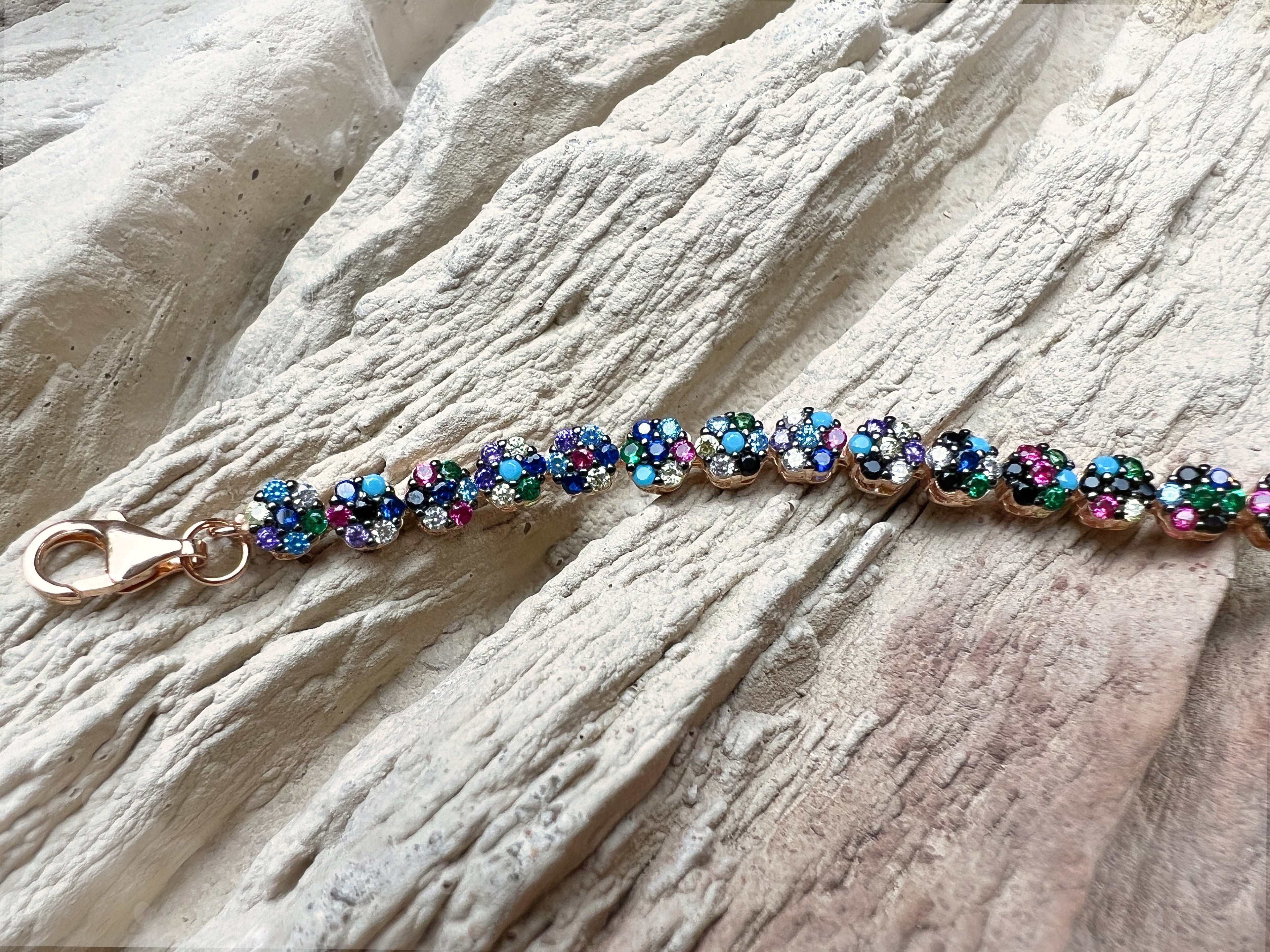 "Flower-Power" Armband - 925 Sterling Silber - bunte Zirkonia - UNIKAT