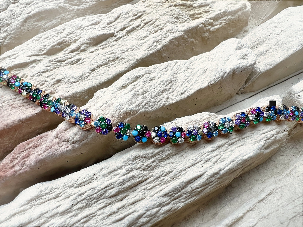 "Flower-Power" Armband - 925 Sterling Silber - bunte Zirkonia - UNIKAT