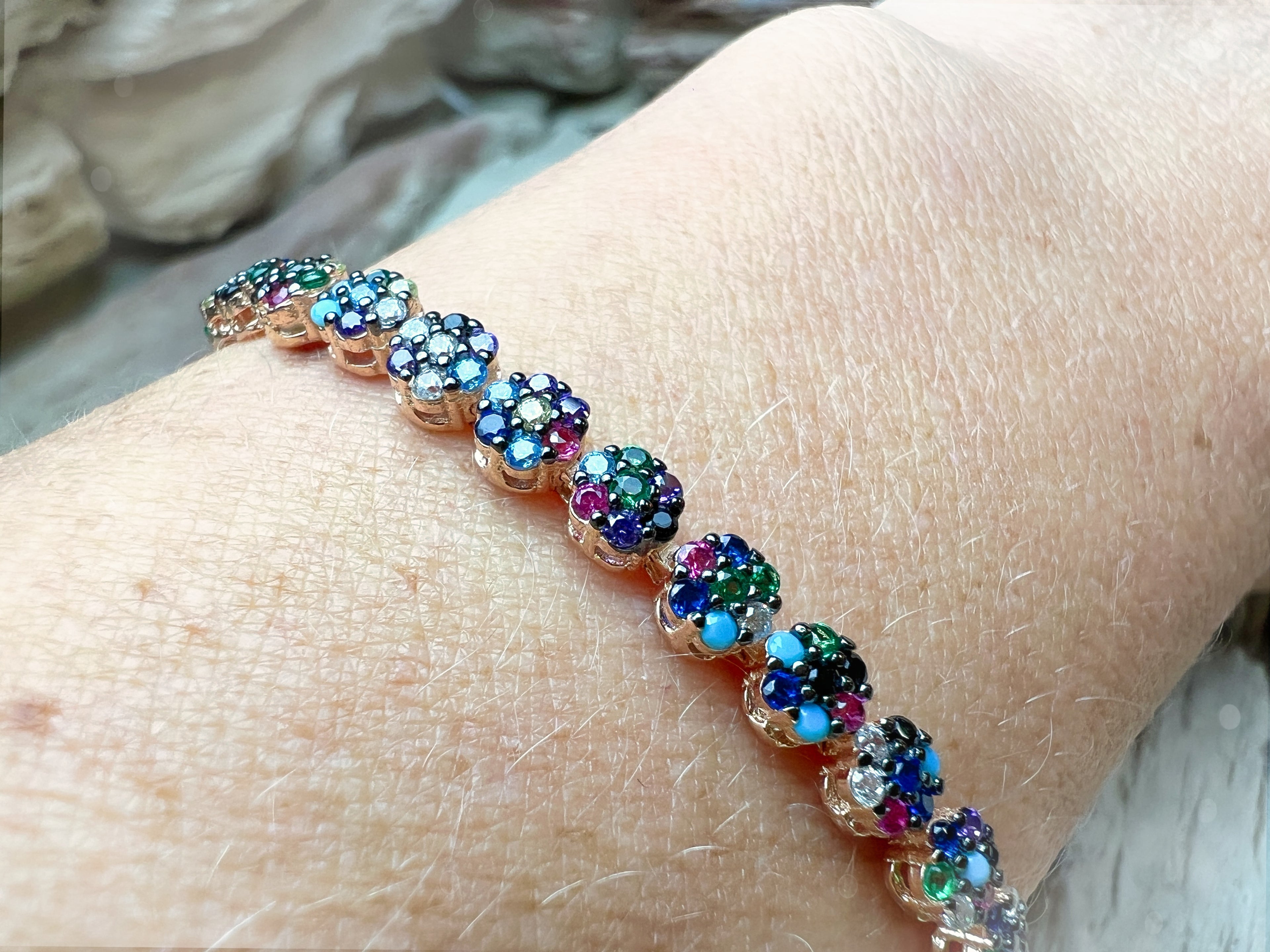 "Flower-Power" Armband - 925 Sterling Silber - bunte Zirkonia - UNIKAT