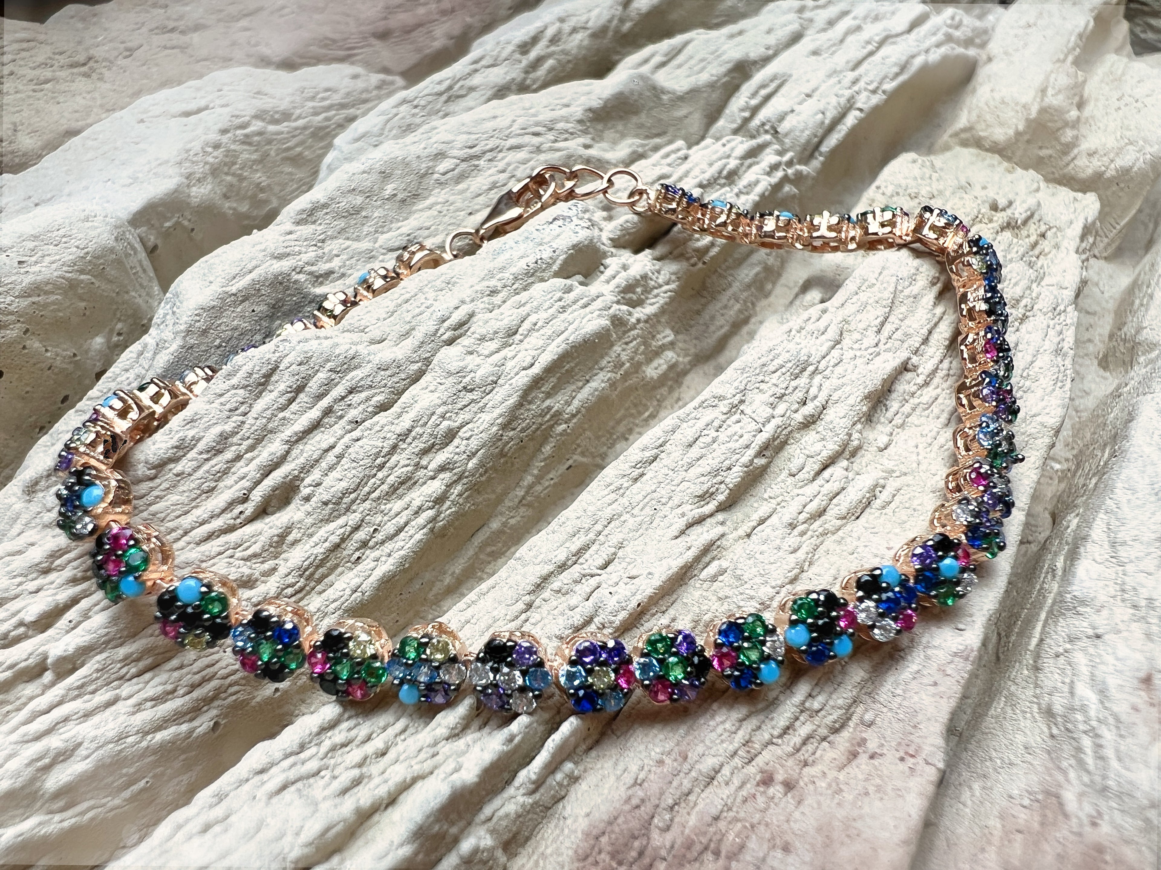 "Flower-Power" Armband - 925 Sterling Silber - bunte Zirkonia - UNIKAT