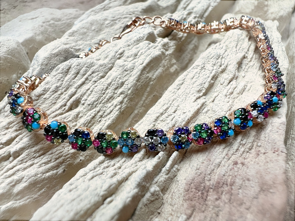 "Flower-Power" Armband - 925 Sterling Silber - bunte Zirkonia - UNIKAT