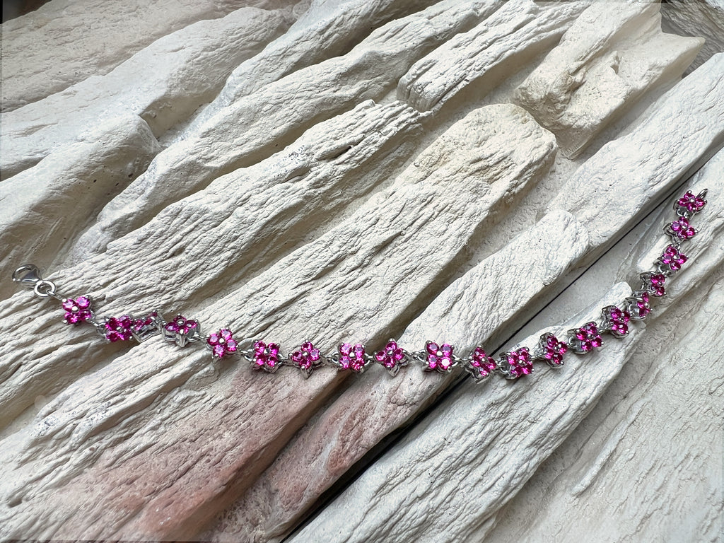 "Flower-Power" Armband - 925 Sterling Silber - magenta Zirkonia - 19 cm