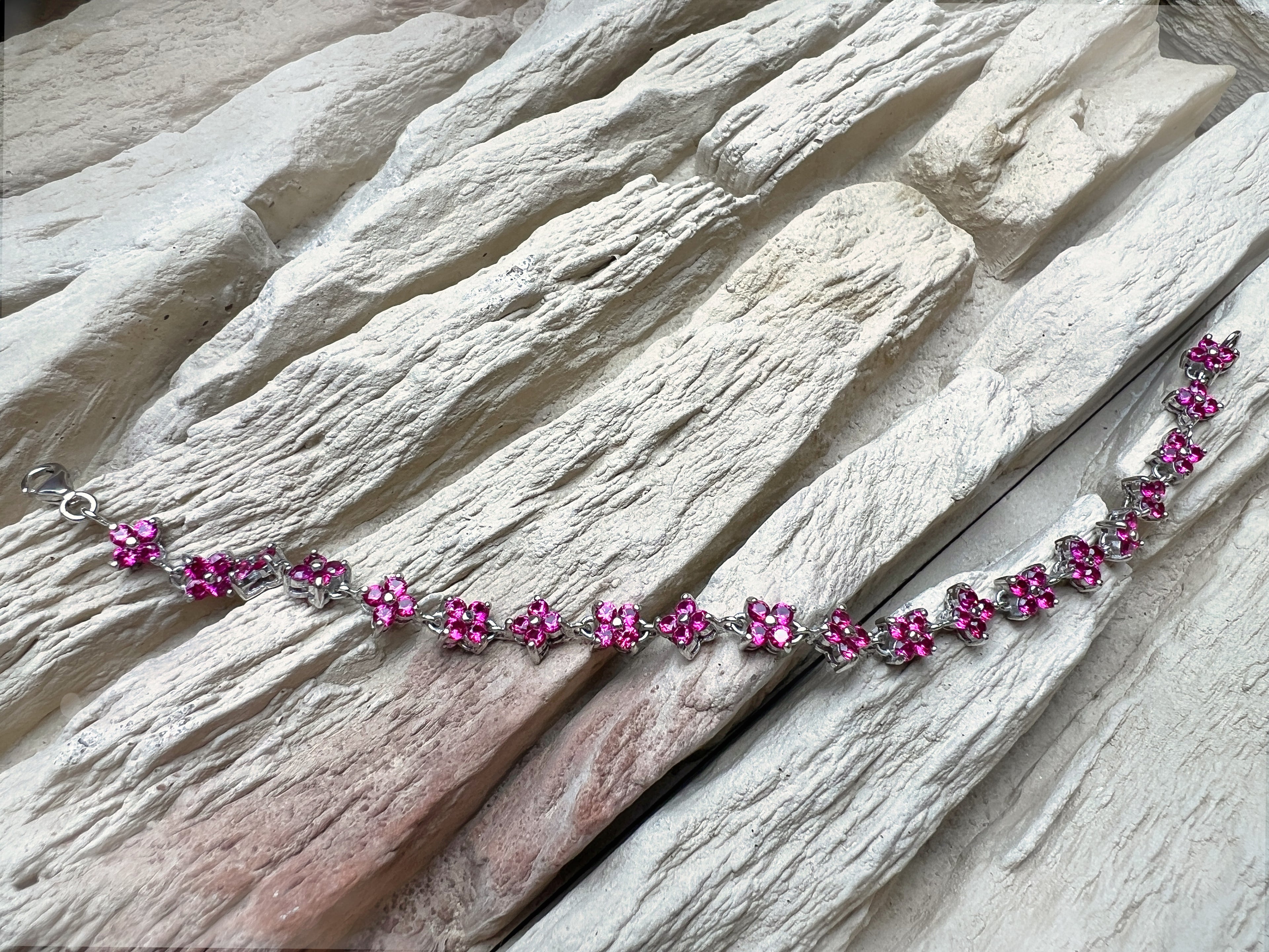 "Flower-Power" Armband - 925 Sterling Silber - magenta Zirkonia - 19 cm